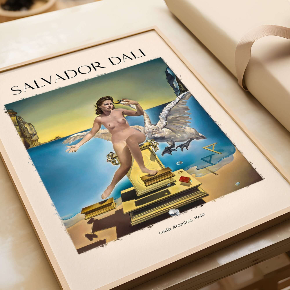 Salvador Dali Leda Atomica 1949 Surrealist Mythology Art Print Swan Poster Nuclear Mysticism on a framed wall.