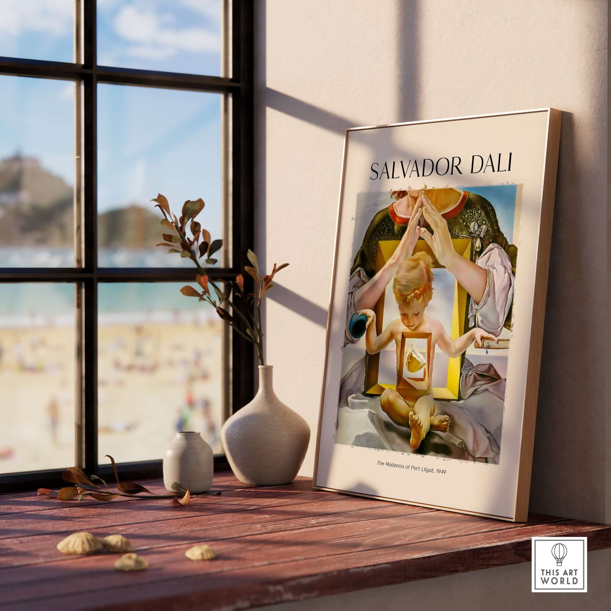 Salvador Dali Madonna Port Lligat 1949 Surrealist Religious Art Print Poster Gala displayed on a wooden table by a window.