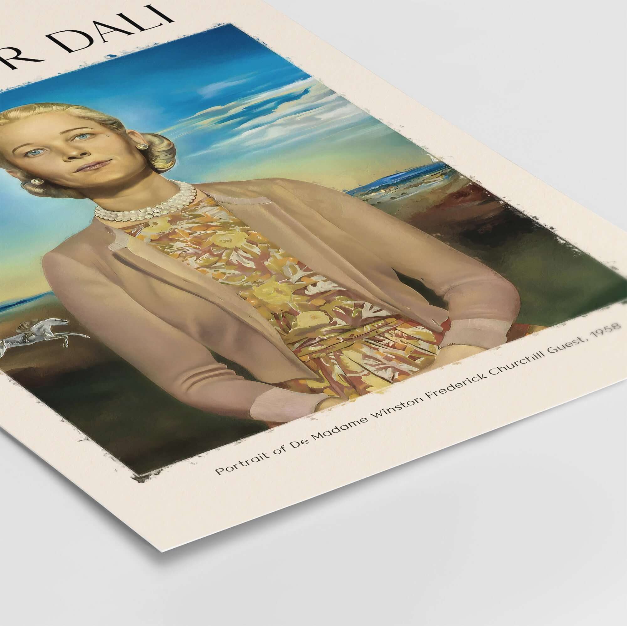 Salvador Dali Portrait Madame Winston Churchill Guest 1958 Surrealist Society Print Poster featuring elegant woman in surreal landscape.