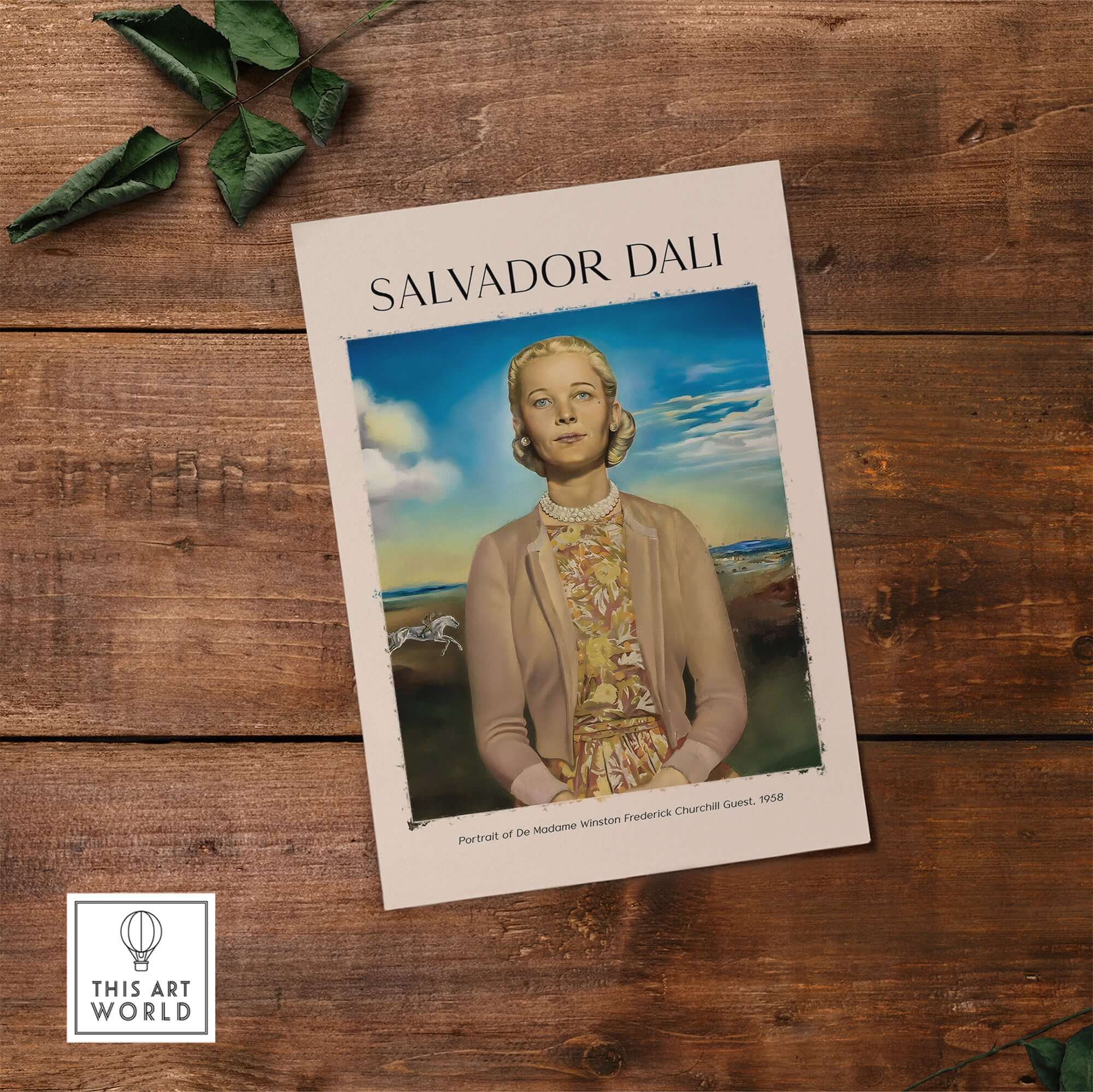 Salvador Dali Portrait Madame Winston Churchill Guest 1958 Surrealist Society Print Poster displayed on wooden background.