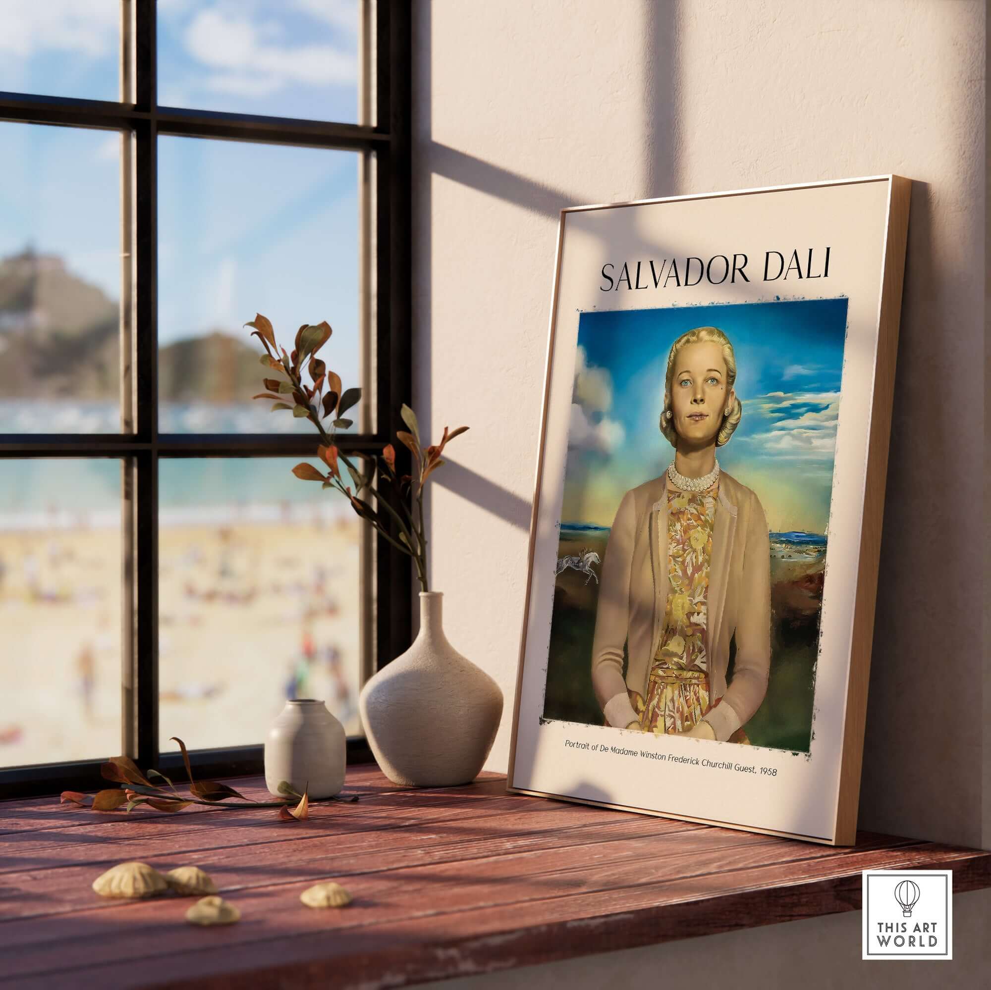 Salvador Dali Portrait Madame Winston Churchill Guest 1958 Surrealist Society Print Poster displayed on a wooden table.