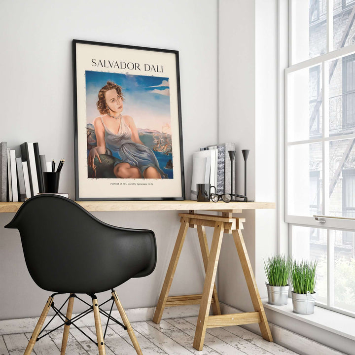 Salvador Dali Portrait of Mrs. Dorothy Spreckels 1942 art print displayed in a modern home office setting.