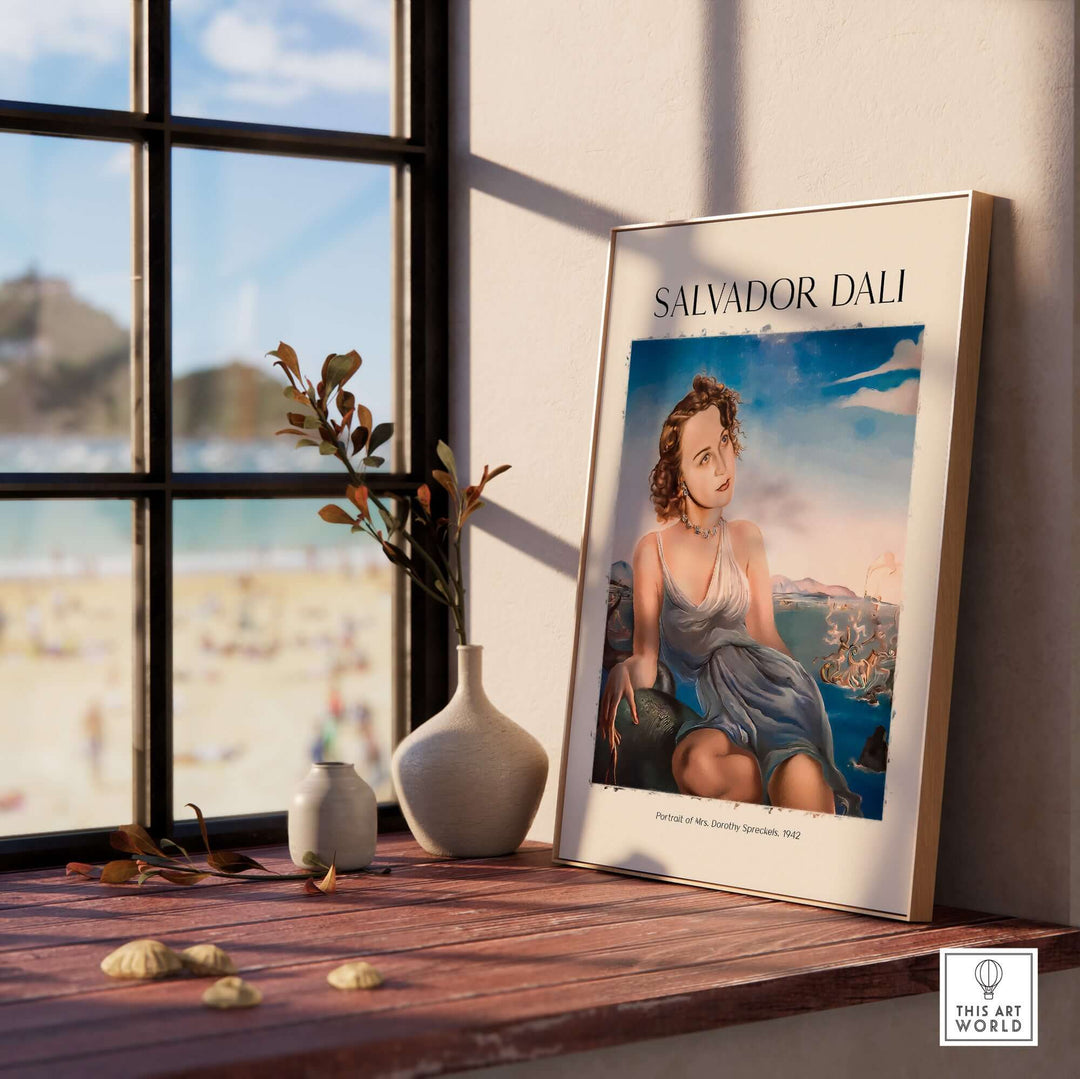 Salvador Dali Portrait of Mrs Dorothy Spreckels 1942 art print displayed by a window with beach view.