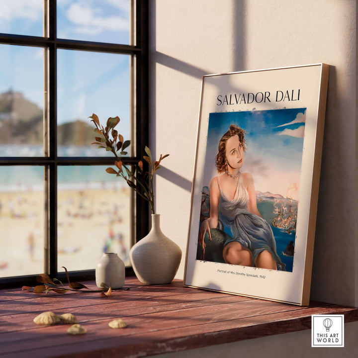 Salvador Dali Portrait of Mrs Dorothy Spreckels 1942 art print displayed by a window with beach view.
