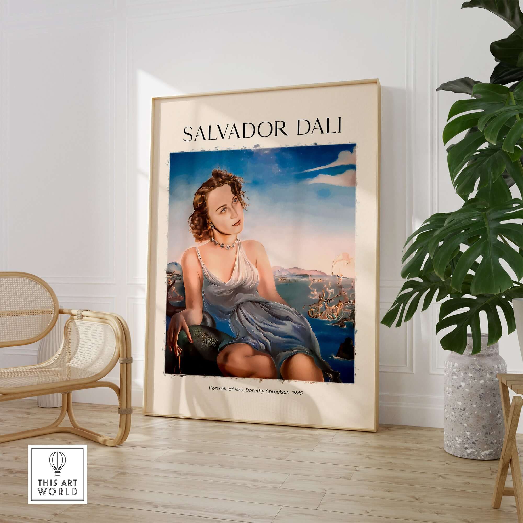 Salvador Dali Portrait Mrs Dorothy Spreckels 1942 Surrealist Seascape Art Print Poster displayed in modern interior.