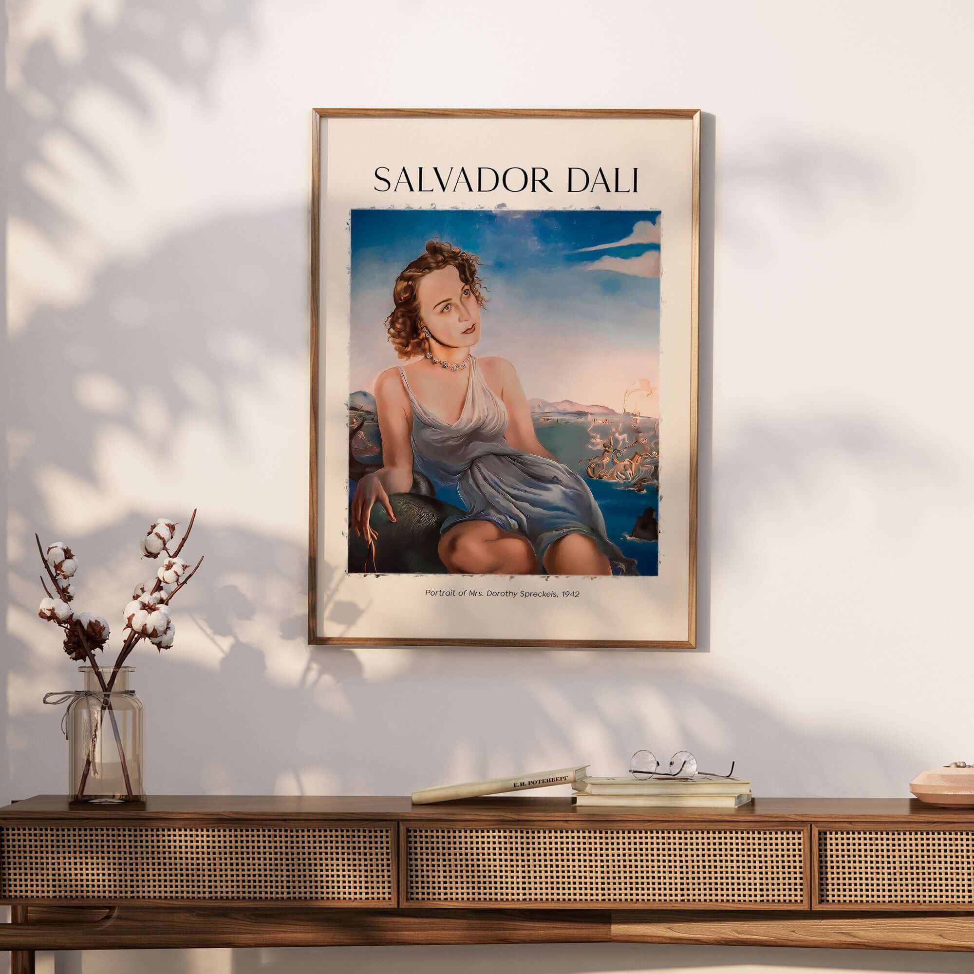 Salvador Dali Portrait Mrs Dorothy Spreckels 1942 Surrealist Seascape Art Print Poster displayed in a stylish home setting.