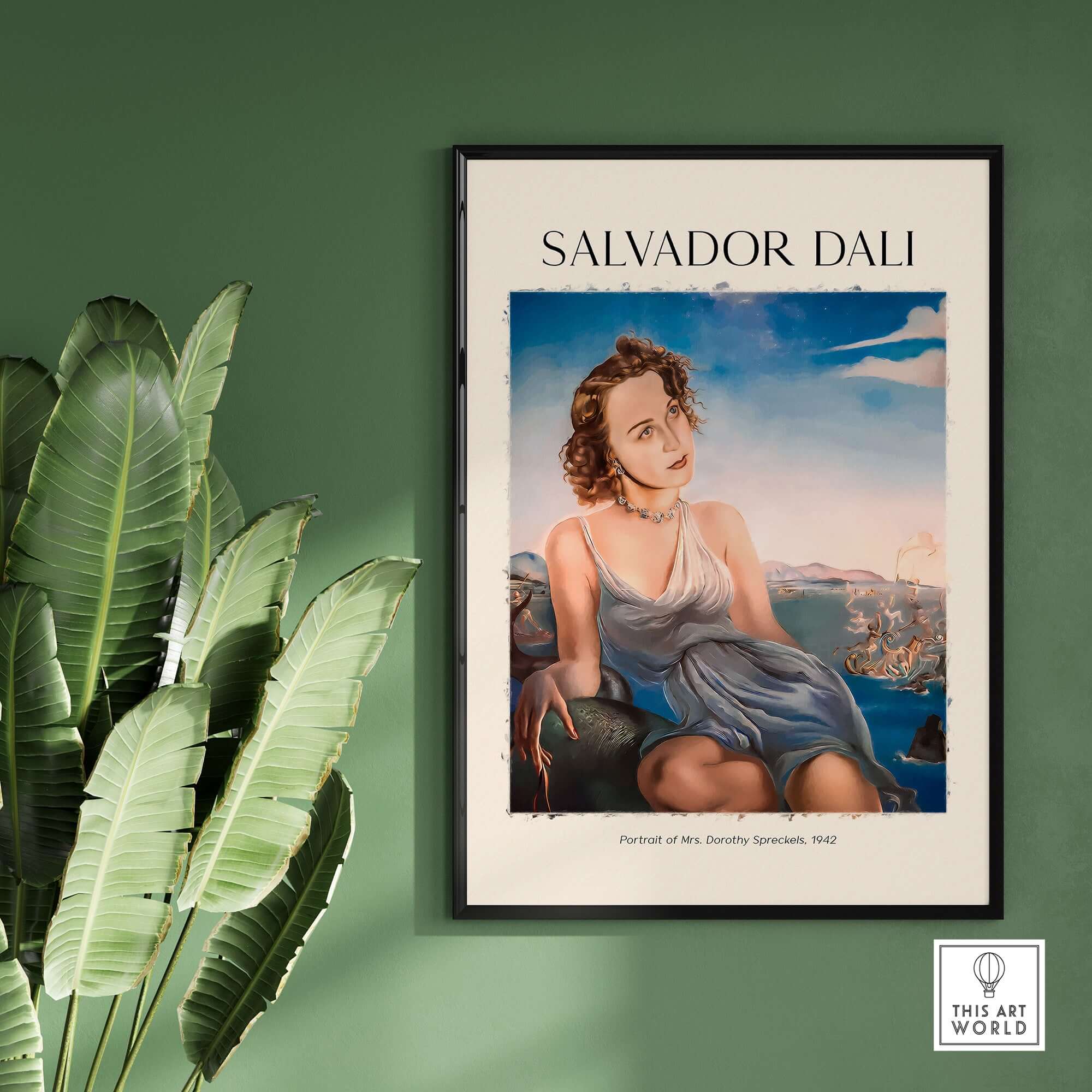 Salvador Dali Portrait Mrs Dorothy Spreckels 1942 Surrealist Seascape Art Print Poster displayed on a wall.