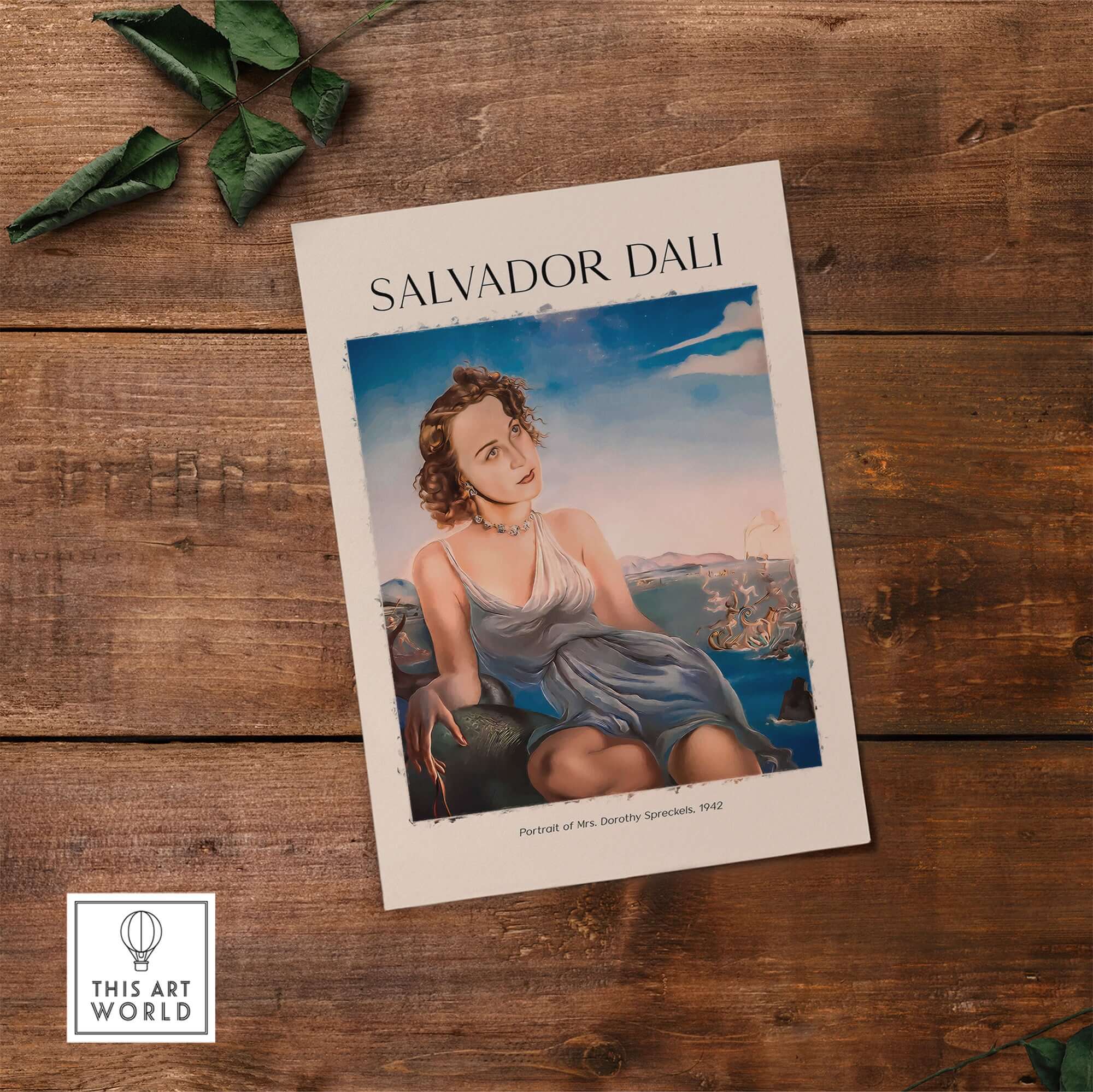 Salvador Dali Portrait Mrs Dorothy Spreckels 1942 Surrealist Seascape Art Print Poster displayed on wooden surface.