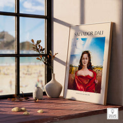 Salvador Dali Portrait Mrs Mary Sigall 1948 Surrealist Woman Art Print Poster displayed on a table by the window.