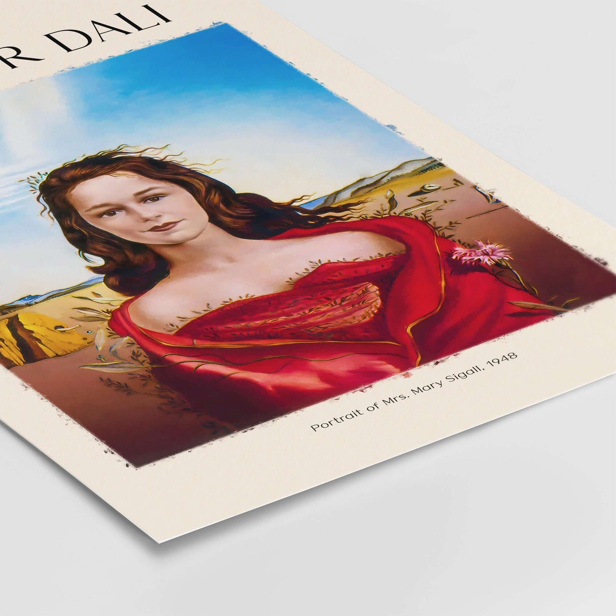 Salvador Dali Portrait Mrs Mary Sigall 1948 Surrealist Woman Art Print Poster showcasing a female figure in red fabric.