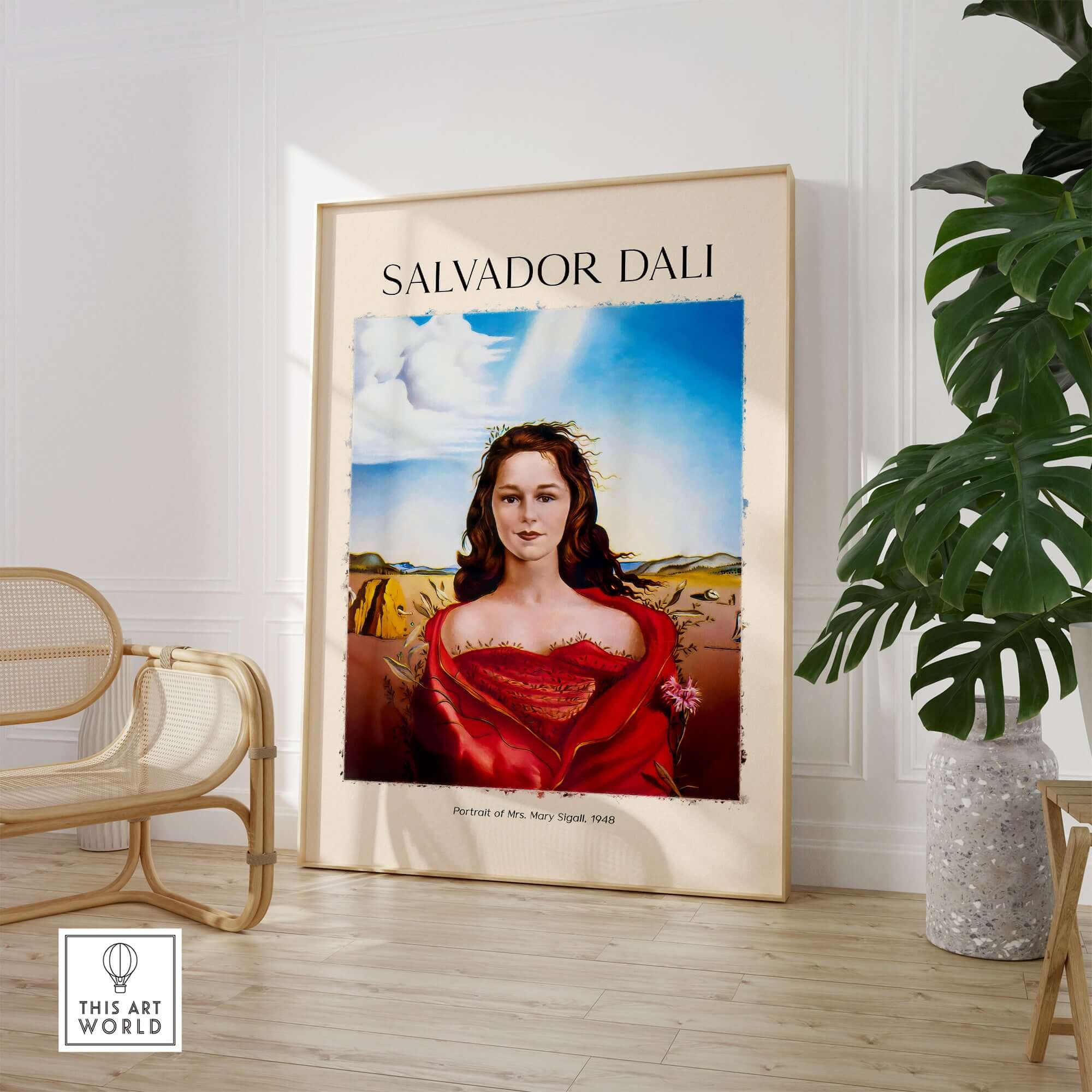 Salvador Dali Portrait Mrs Mary Sigall 1948 Surrealist Woman Art Print Poster displayed in an elegant room.