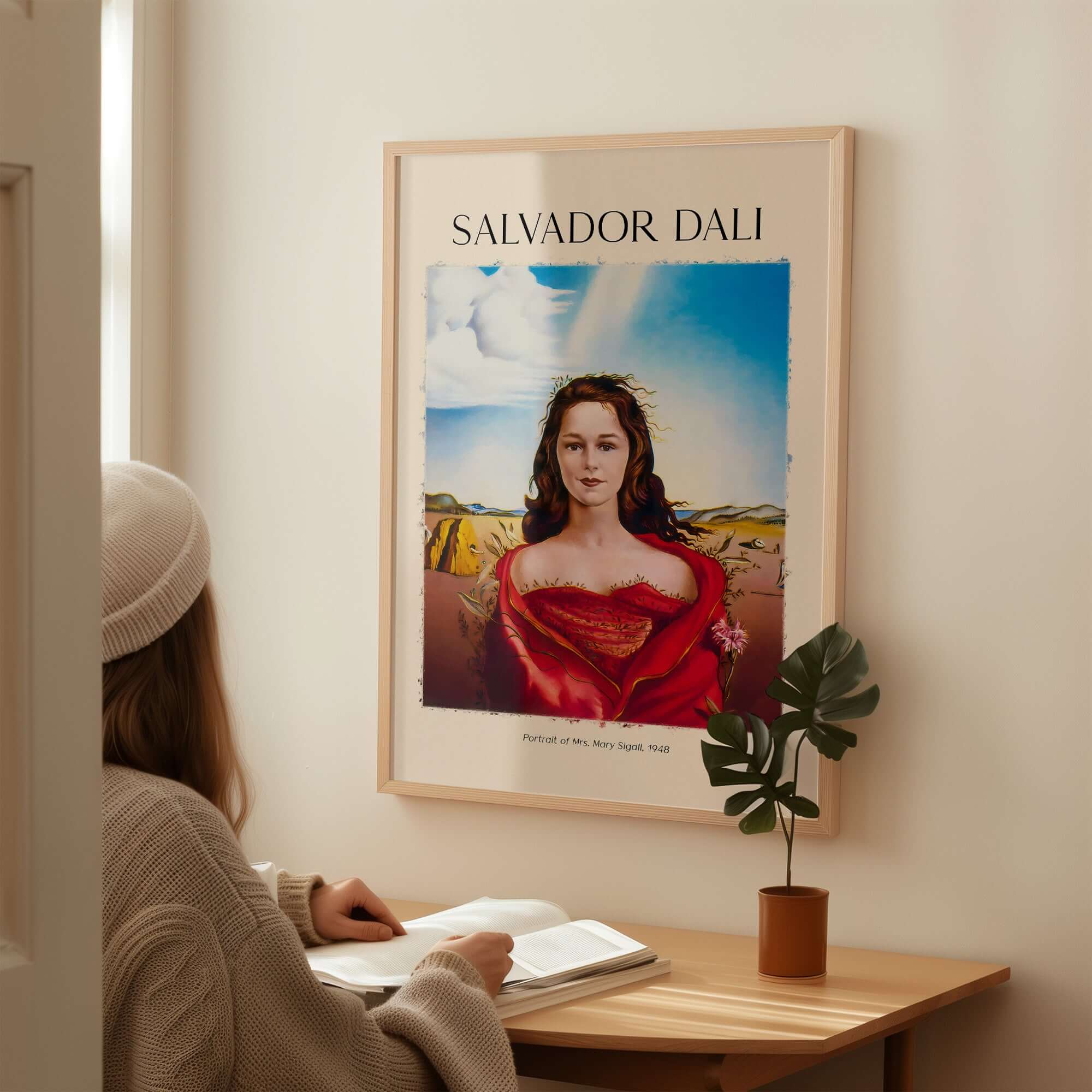 Salvador Dali Portrait Mrs Mary Sigall 1948 Surrealist Woman Art Print Poster displayed on a wall in a cozy setting.