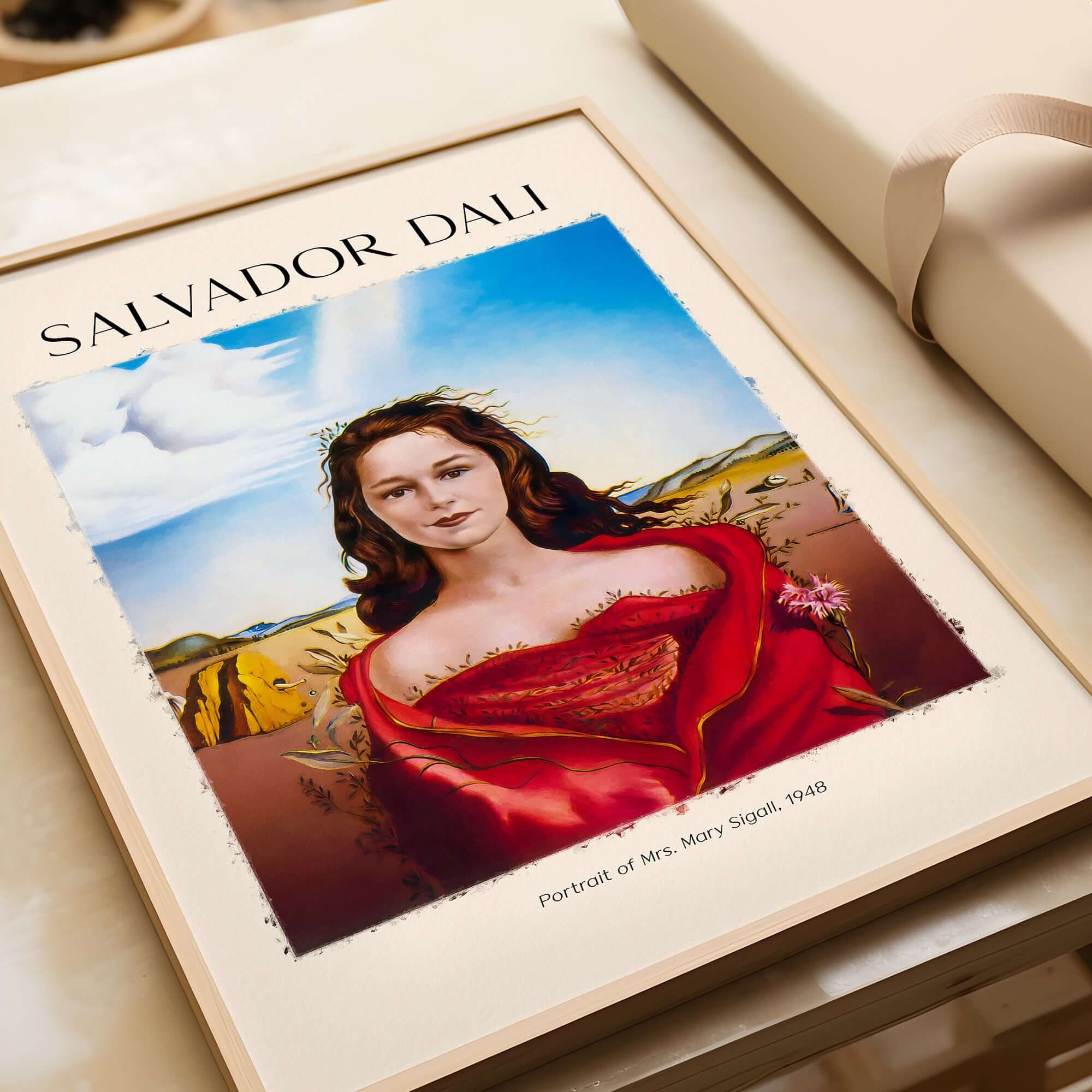 Salvador Dali Portrait Mrs Mary Sigall 1948 Surrealist Woman Art Print Poster featuring a woman in red fabric.