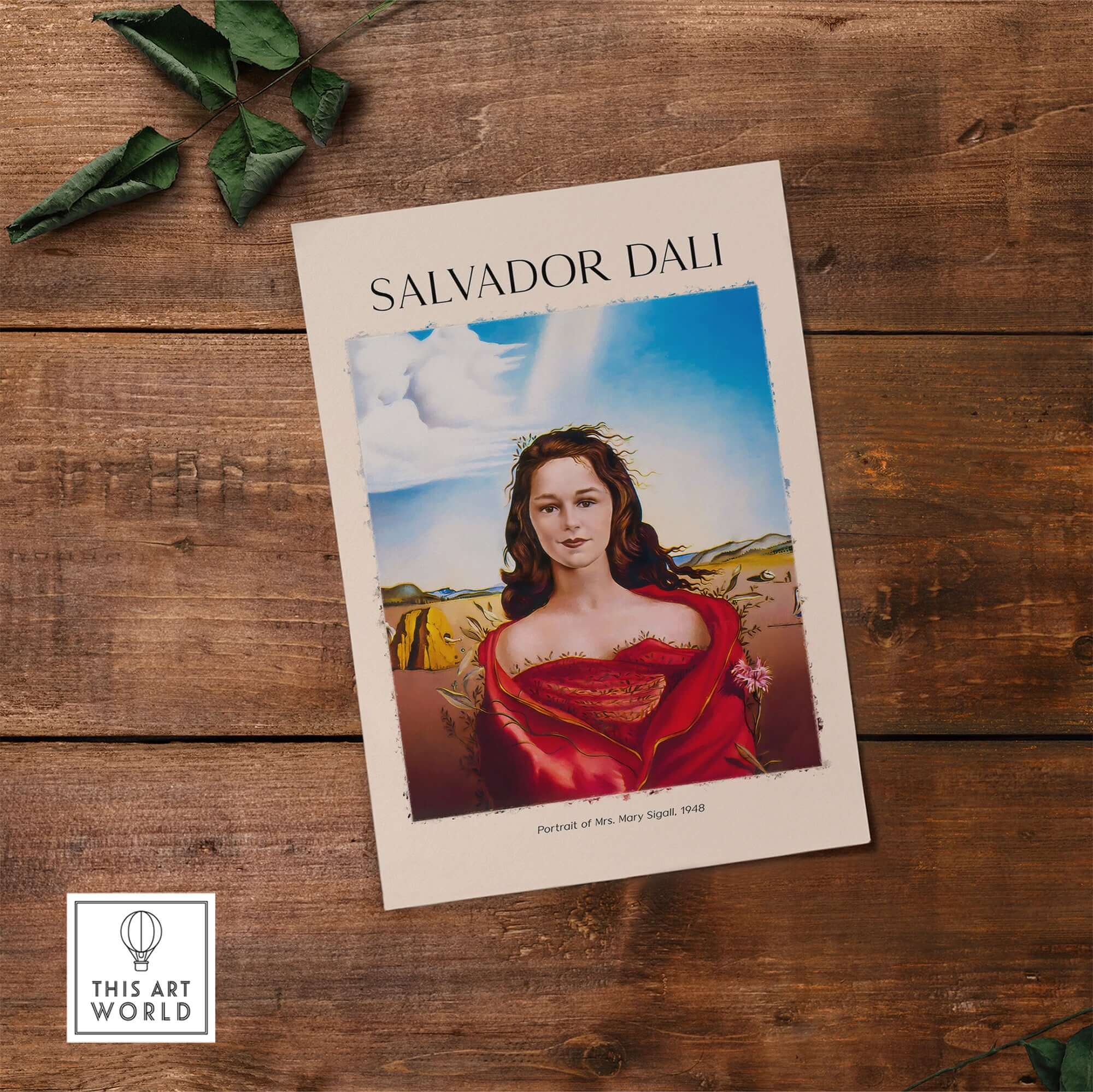 Salvador Dali Portrait Mrs Mary Sigall 1948 Surrealist Woman Art Print Poster displayed on wooden surface.