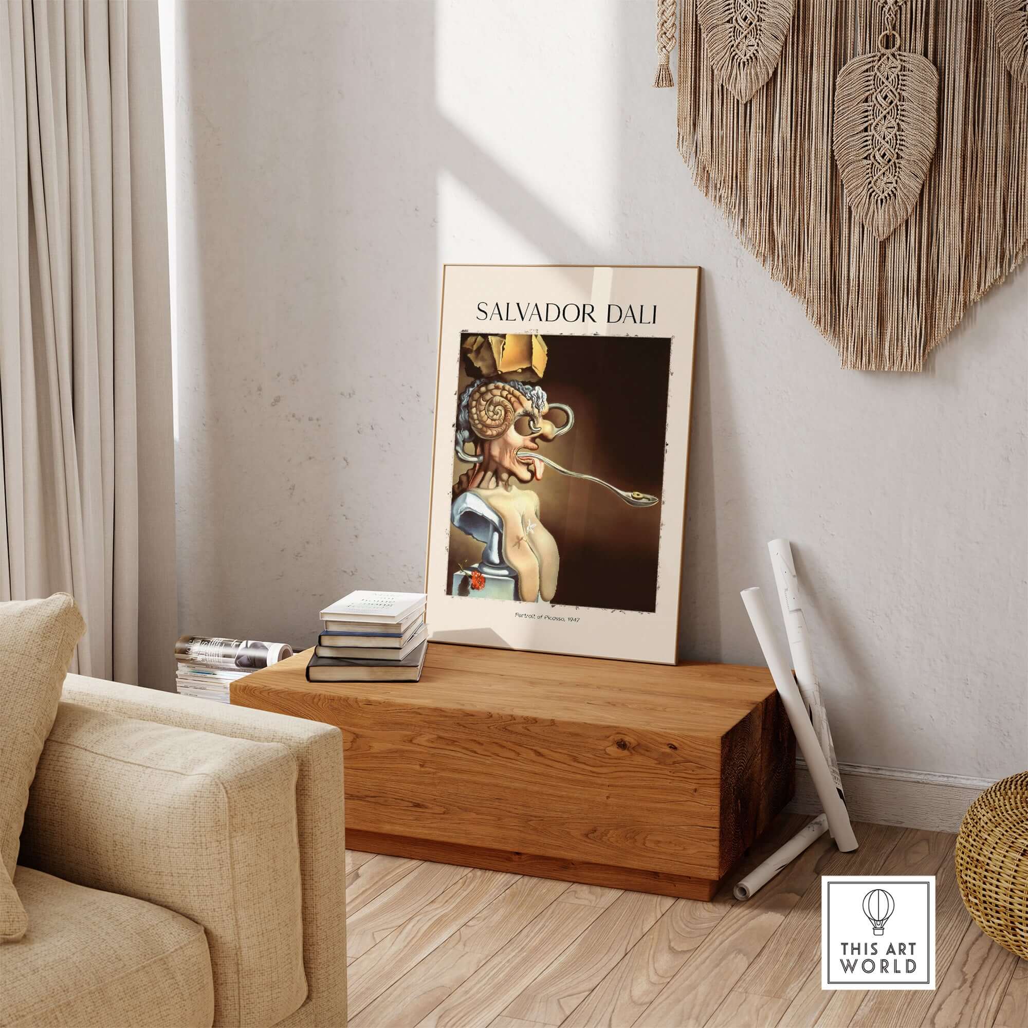 Salvador Dali Portrait of Picasso 1947 Surrealist Art Print Grotesque Poster displayed in a stylish modern living room.