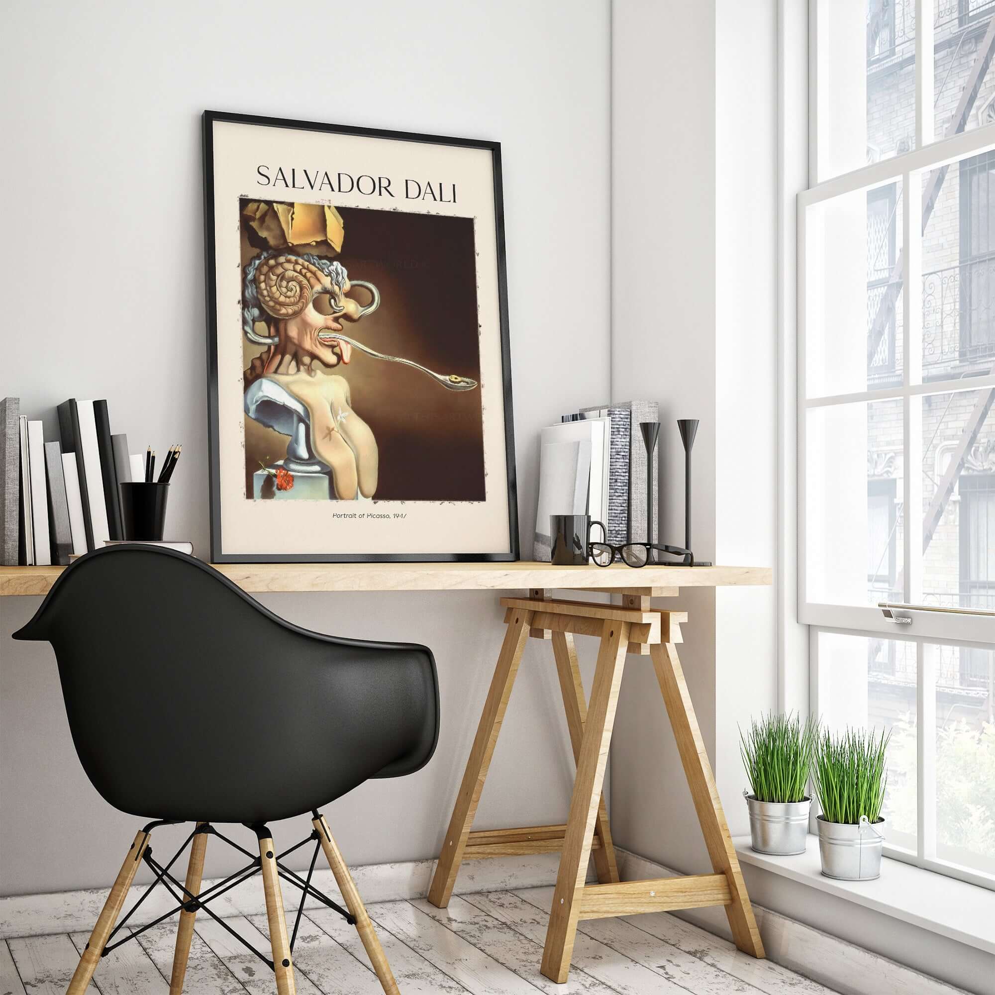 Salvador Dali Portrait of Picasso 1947 Surrealist Art Print Grotesque Poster displayed in a stylish interior.