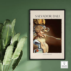 Salvador Dali Portrait of Picasso 1947 Surrealist Art Print Grotesque Poster displayed on a wall with green background.