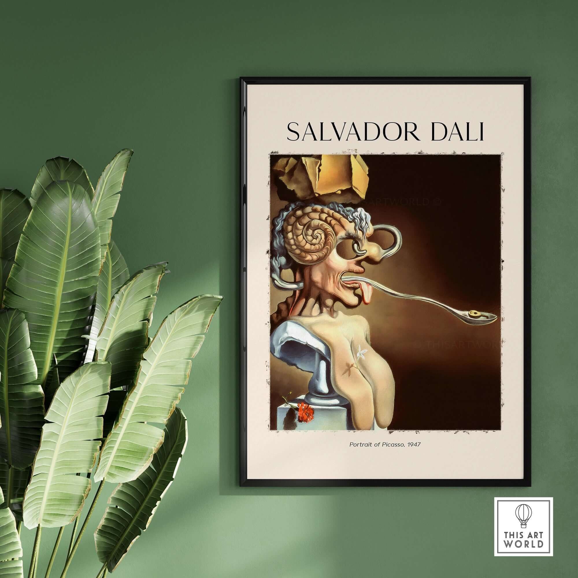 Salvador Dali Portrait of Picasso 1947 Surrealist Art Print Grotesque Poster displayed on a wall with green background.