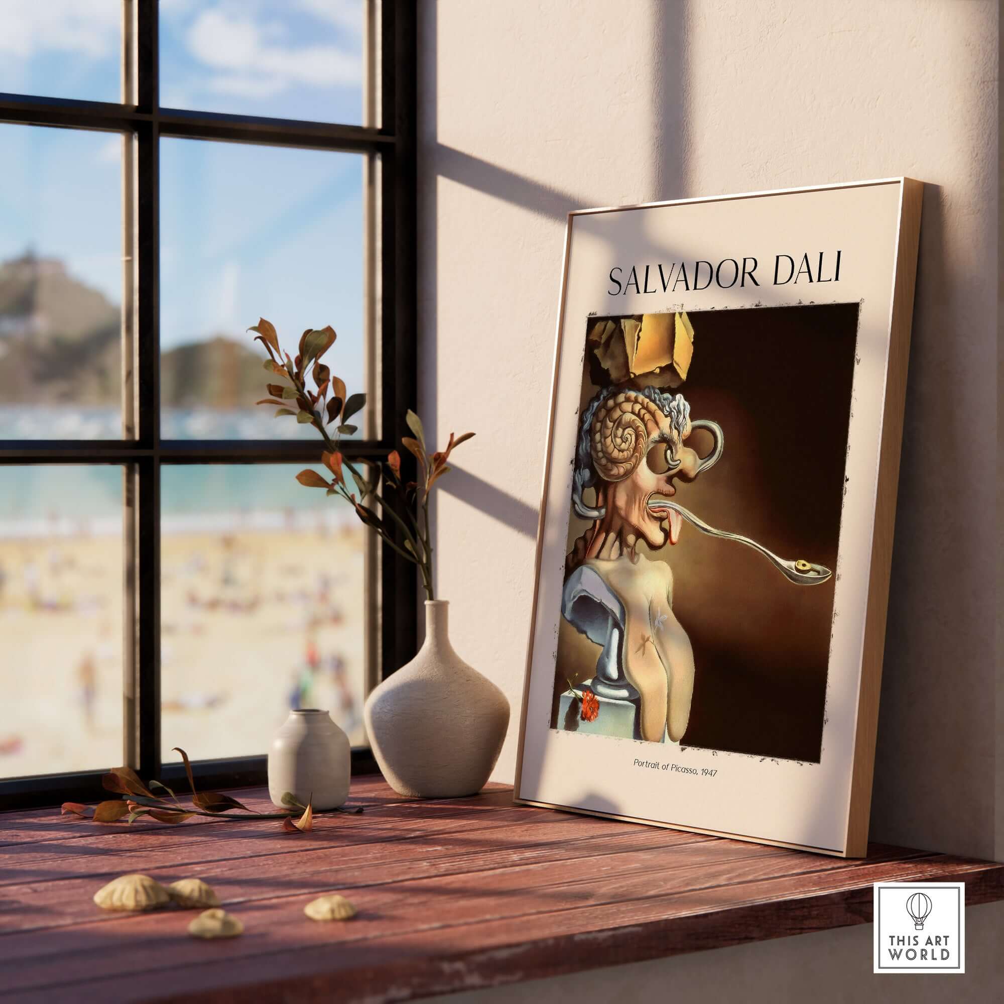 Salvador Dali Portrait of Picasso 1947 Surrealist Art Print Grotesque Poster displayed by window.