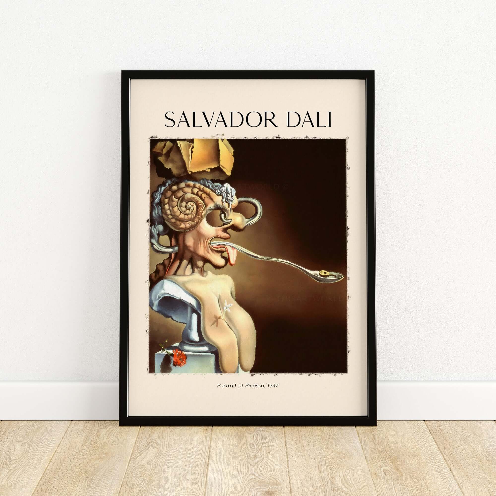 Salvador Dali Portrait of Picasso 1947 Surrealist Art Print Grotesque Poster displayed in a frame