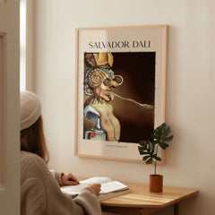 Salvador Dali Portrait of Picasso 1947 Surrealist Art Print Grotesque Poster displayed on a wall with a person studying.