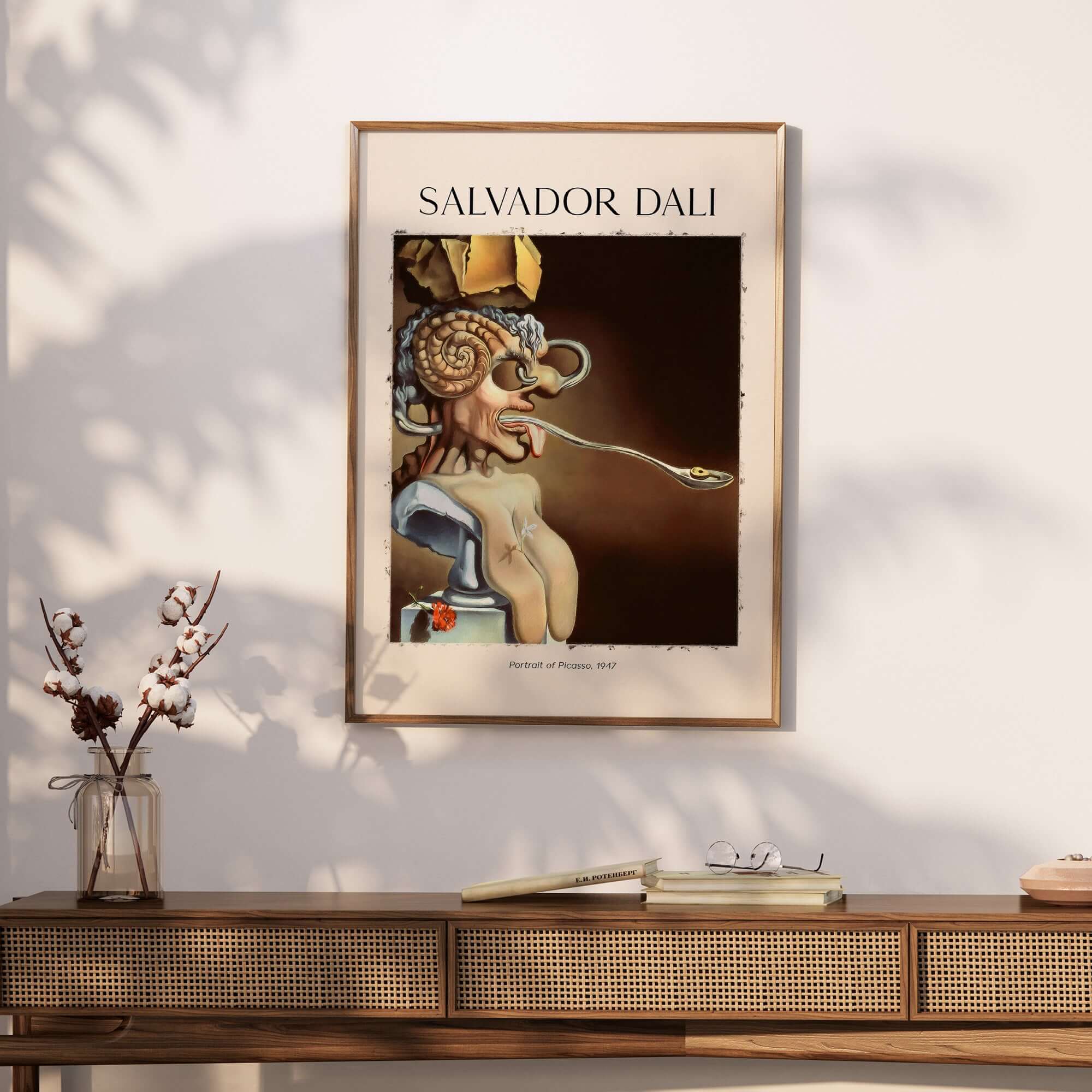 Salvador Dali Portrait of Picasso 1947 Surrealist Art Print Grotesque Poster on a wall.