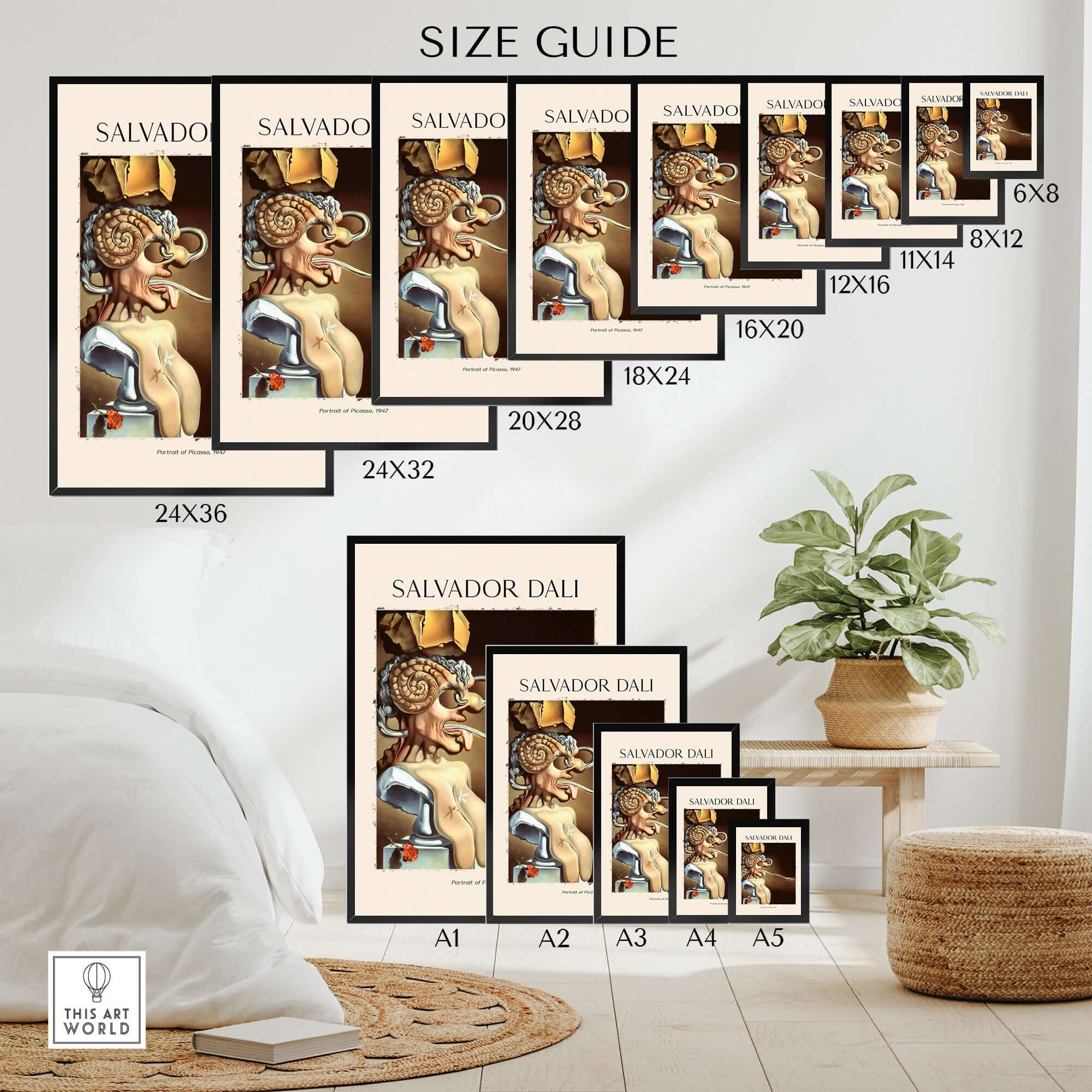 Salvador Dali Portrait of Picasso 1947 Surrealist Art Print Grotesque Poster size guide on display.