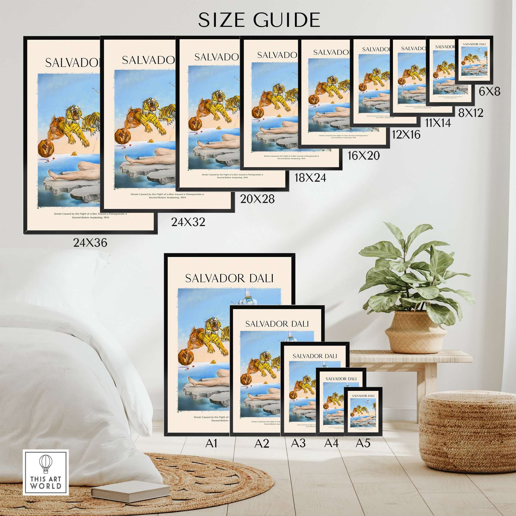 Size guide for Salvador Dali Dream Caused by the Flight of a Bee Pomegranate Surrealism Art Print Poster Tigers