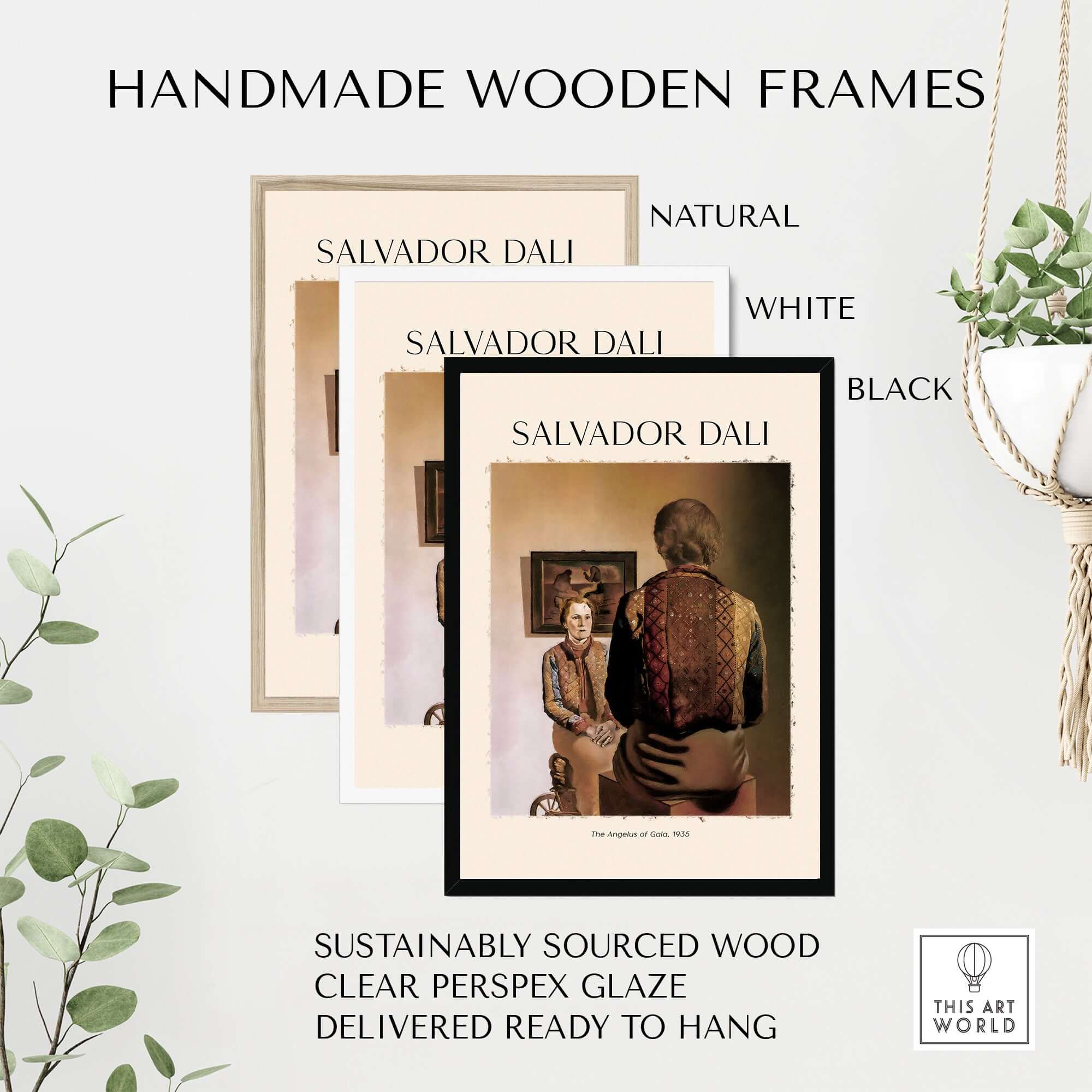 Handmade wooden frames for Salvador Dali art prints in natural, white, and black colors, ready to hang.