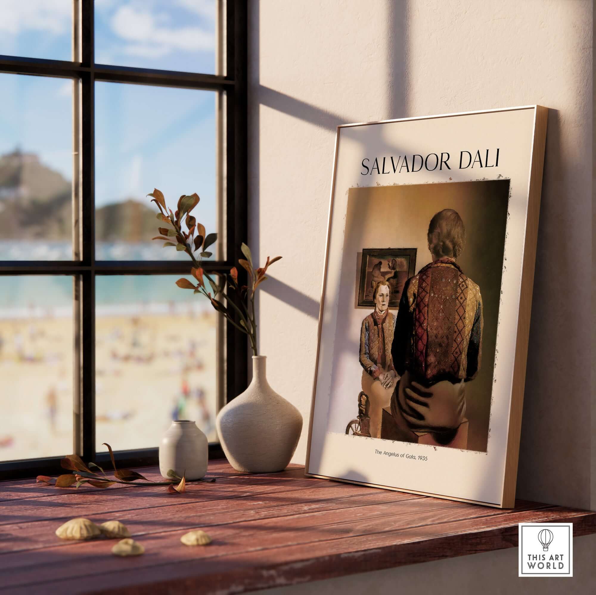 Salvador Dali The Angelus of Gala 1935 Surrealism Double Image Art Print Poster displayed in a bright room.