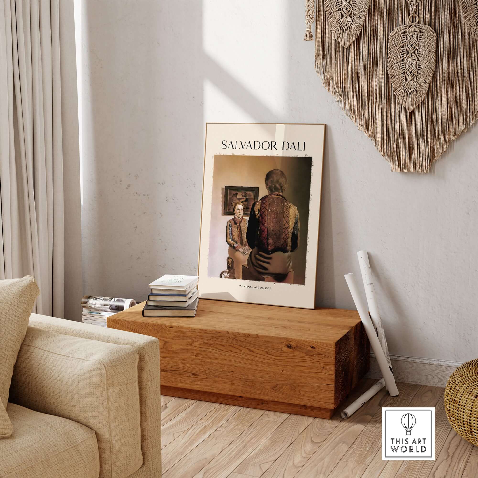 Salvador Dali The Angelus of Gala 1935 Surrealism Double Image Art Print Poster displayed in a stylish living room.