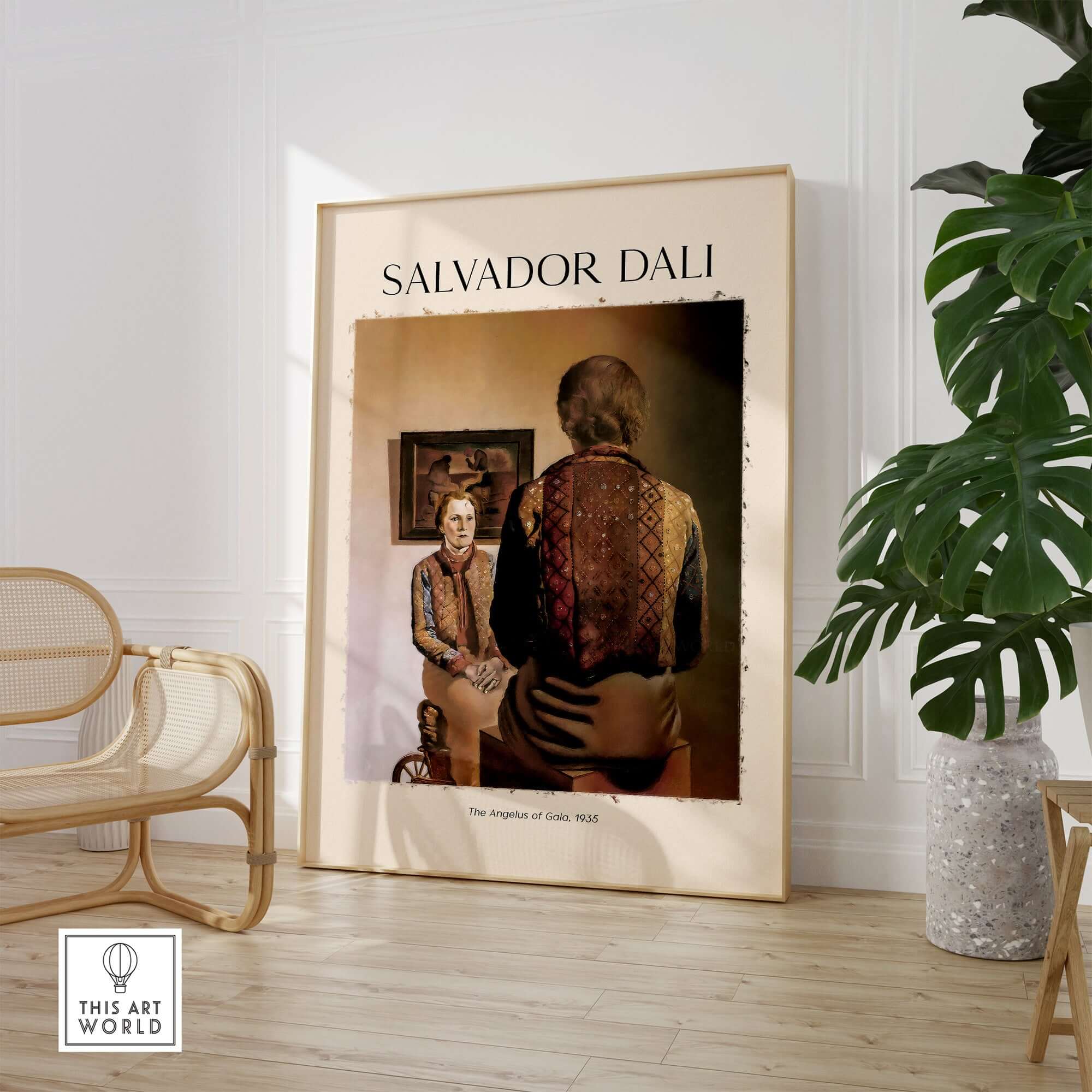 Salvador Dali The Angelus of Gala 1935 Surrealism Double Image Art Print Poster displayed in a modern interior setting.