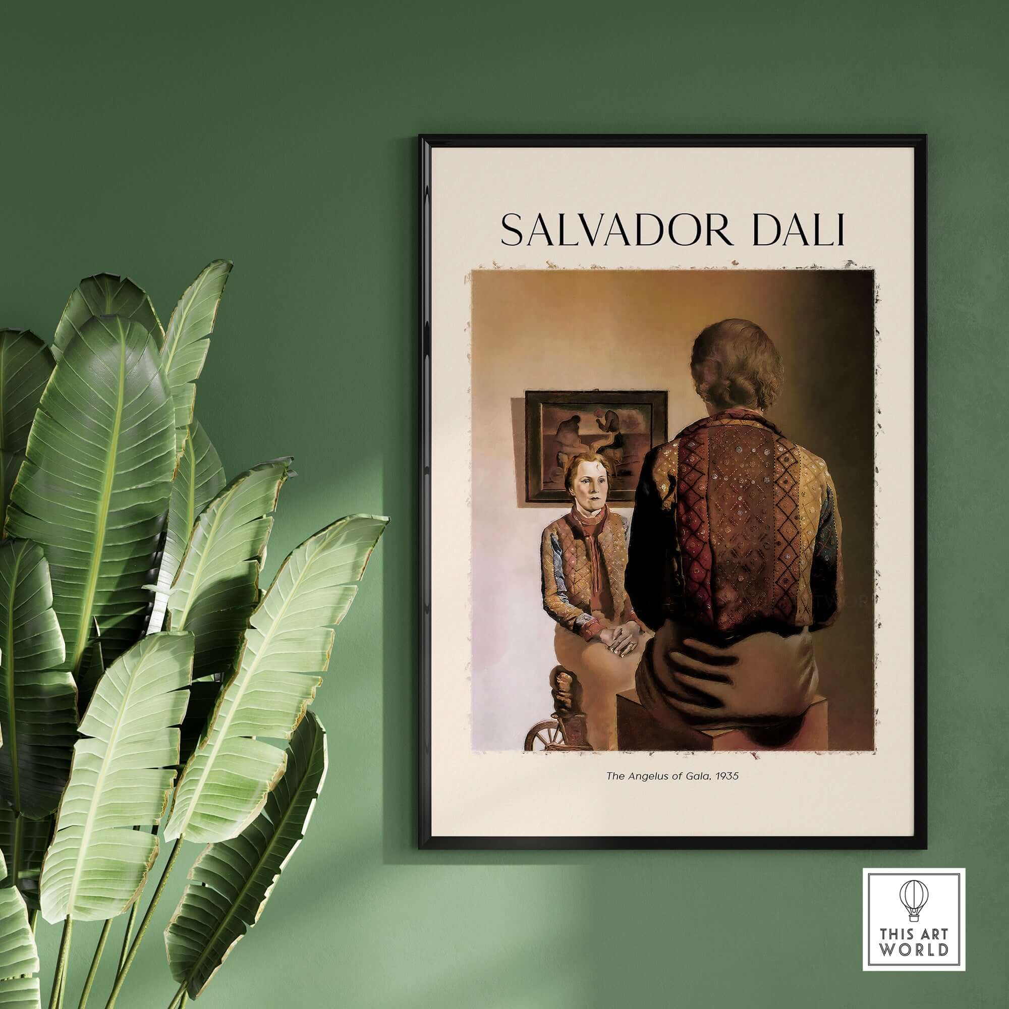 Salvador Dali The Angelus of Gala 1935 Surrealism Double Image Art Print Poster displayed on a wall with greenery.
