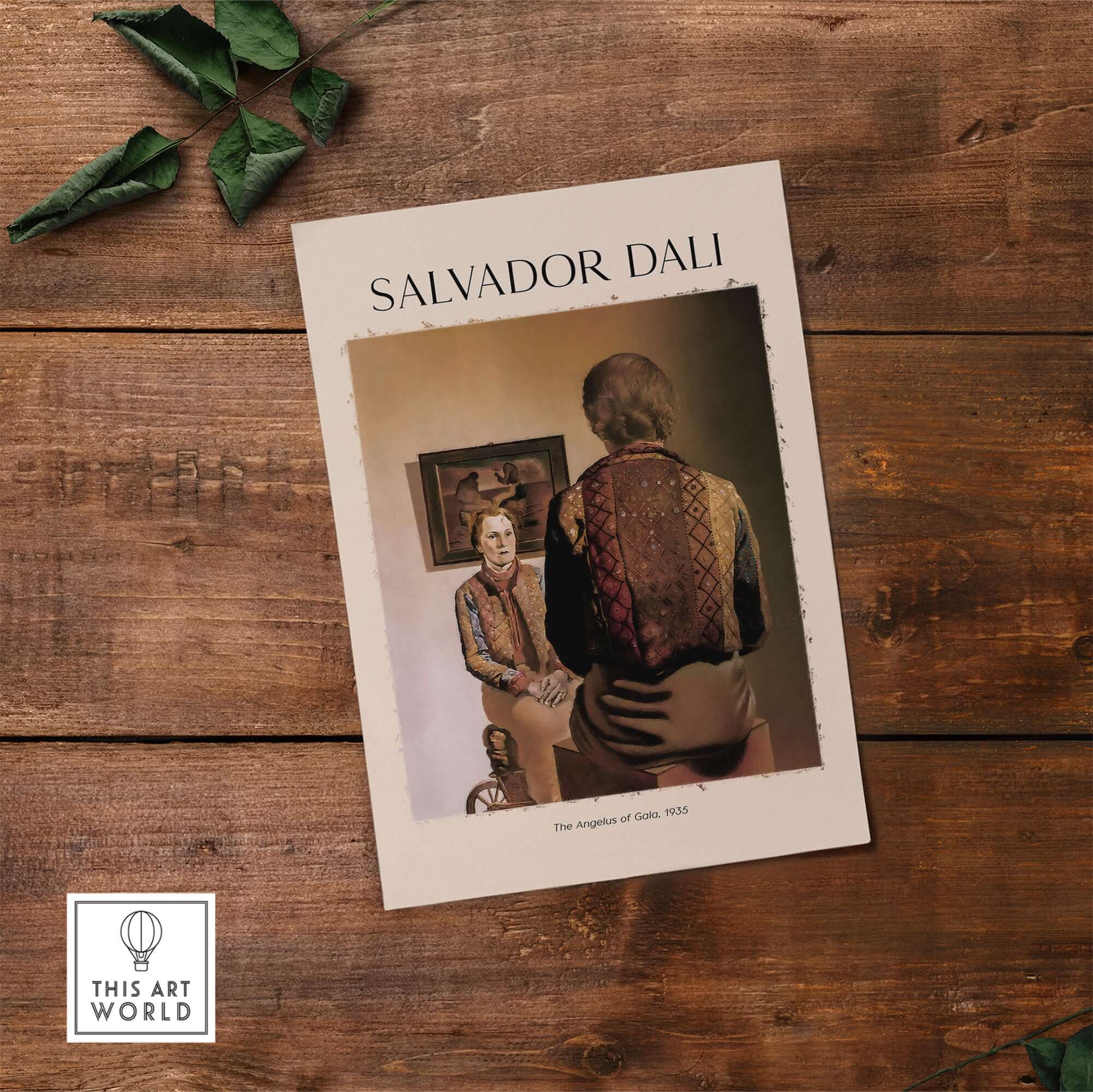 Salvador Dali The Angelus of Gala 1935 Surrealism Double Image Art Print Poster displayed on a wooden surface.