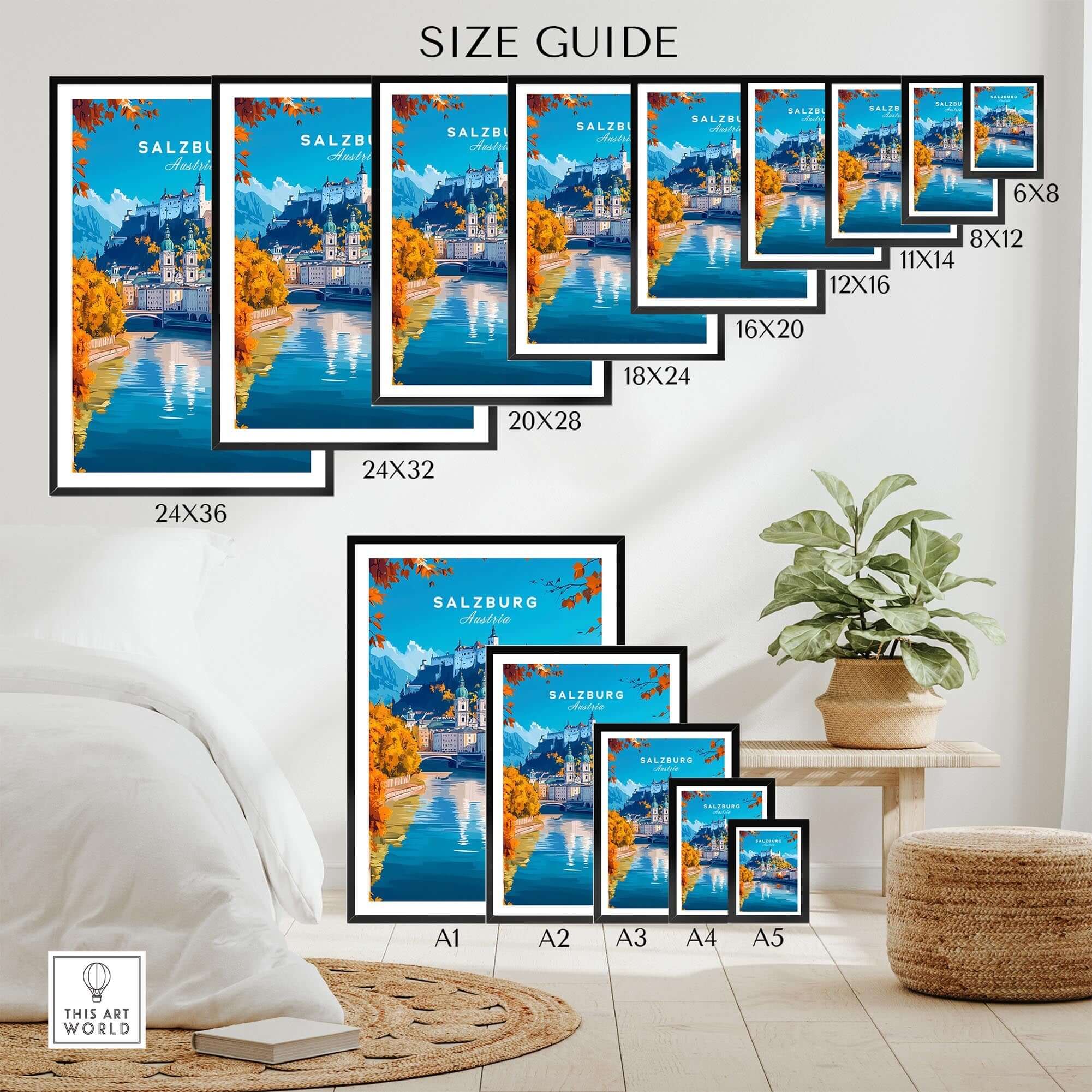 Salzburg Travel Print size guide showcasing various frame sizes for Salzburg artwork.