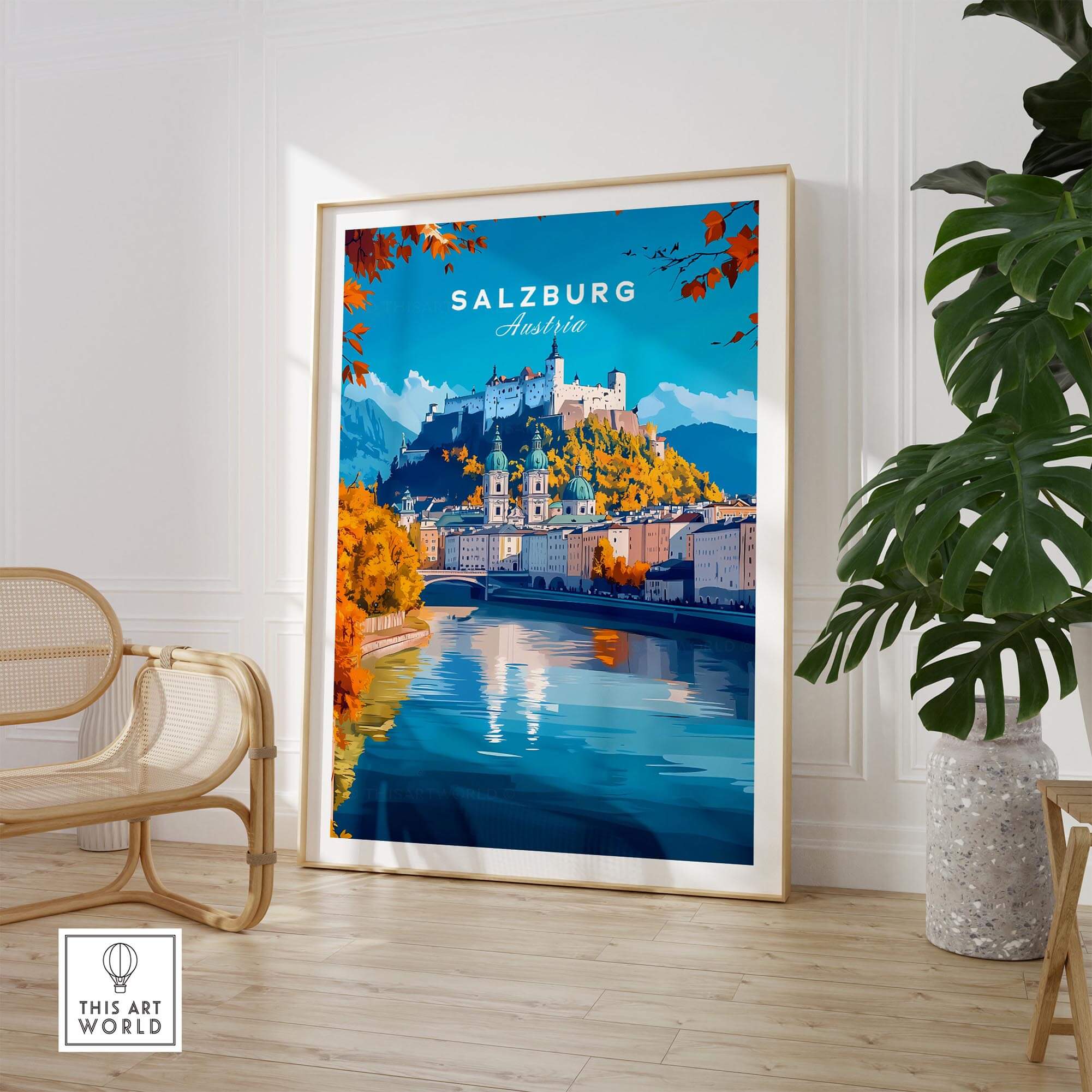 Salzburg Travel Print featuring a scenic view of Salzburg, Austria, displayed in a stylish home interior.