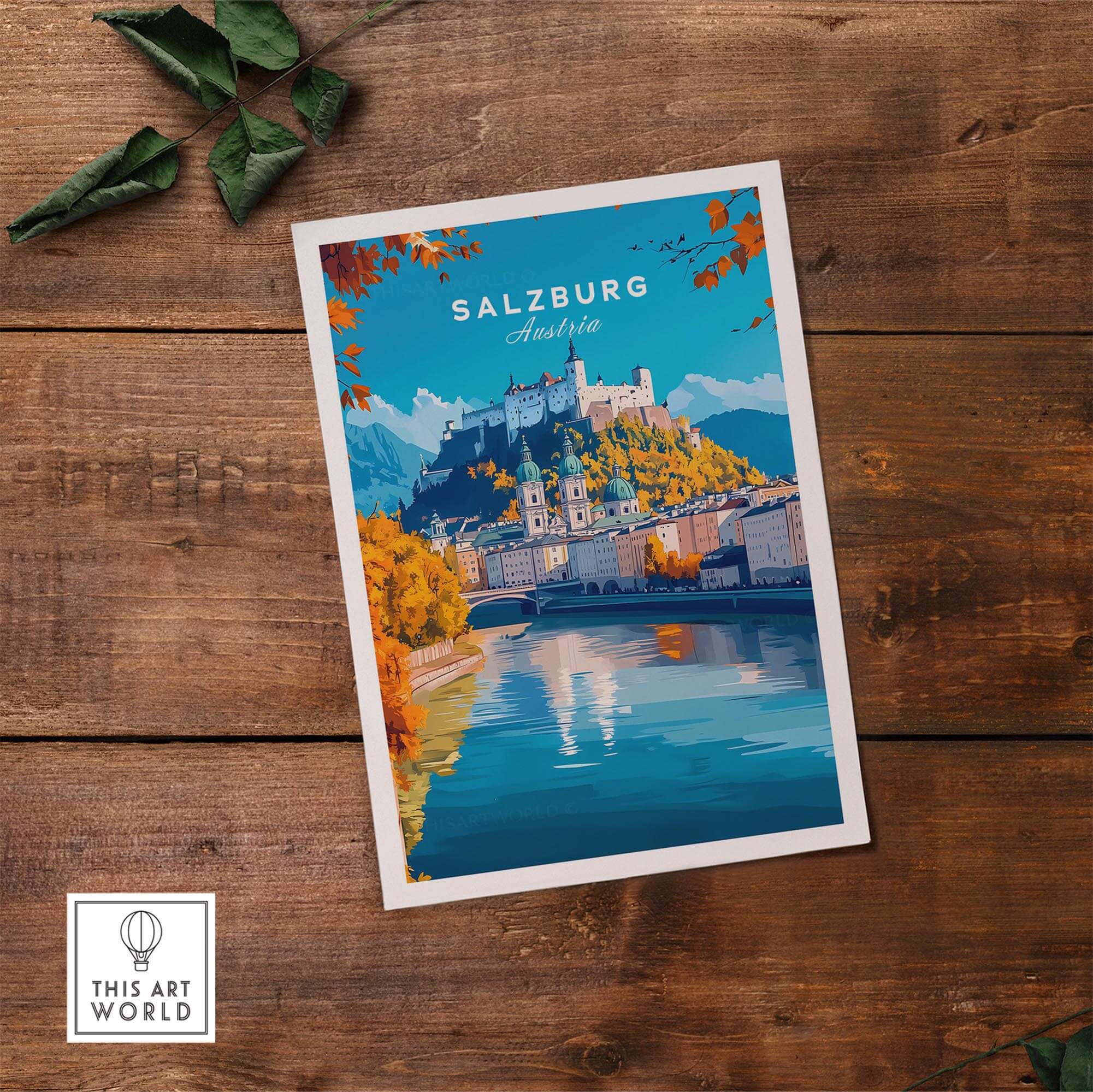 Salzburg Travel Print showcasing Salzburg's scenic beauty and historic charm in vibrant colors.