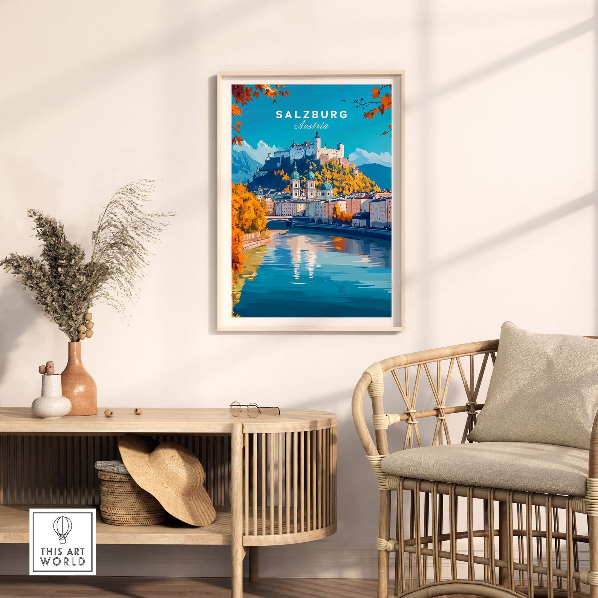 Salzburg Travel Print showcasing picturesque scenery of Salzburg, Austria in a stylish home setting.