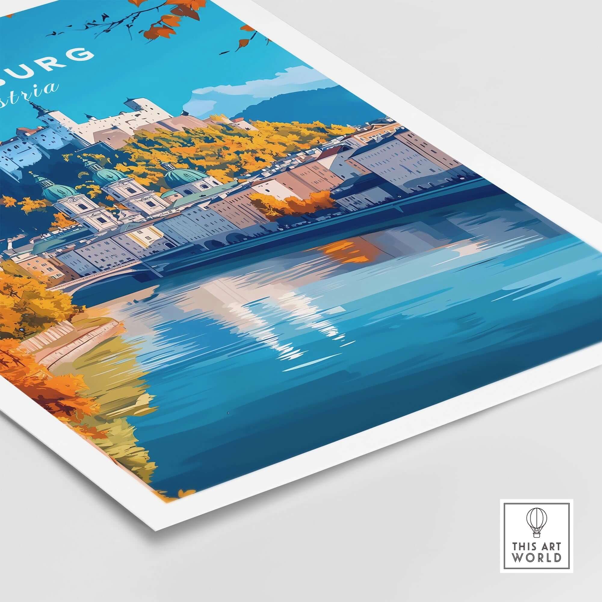 Salzburg Travel Print featuring a picturesque view of Salzburg's historic architecture and landscapes.