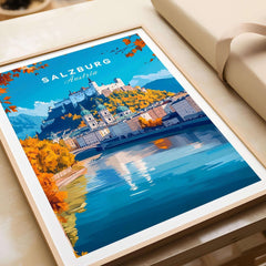 Salzburg Travel Print featuring a vibrant view of Salzburg, Austria, showcasing its historic charm by the river.