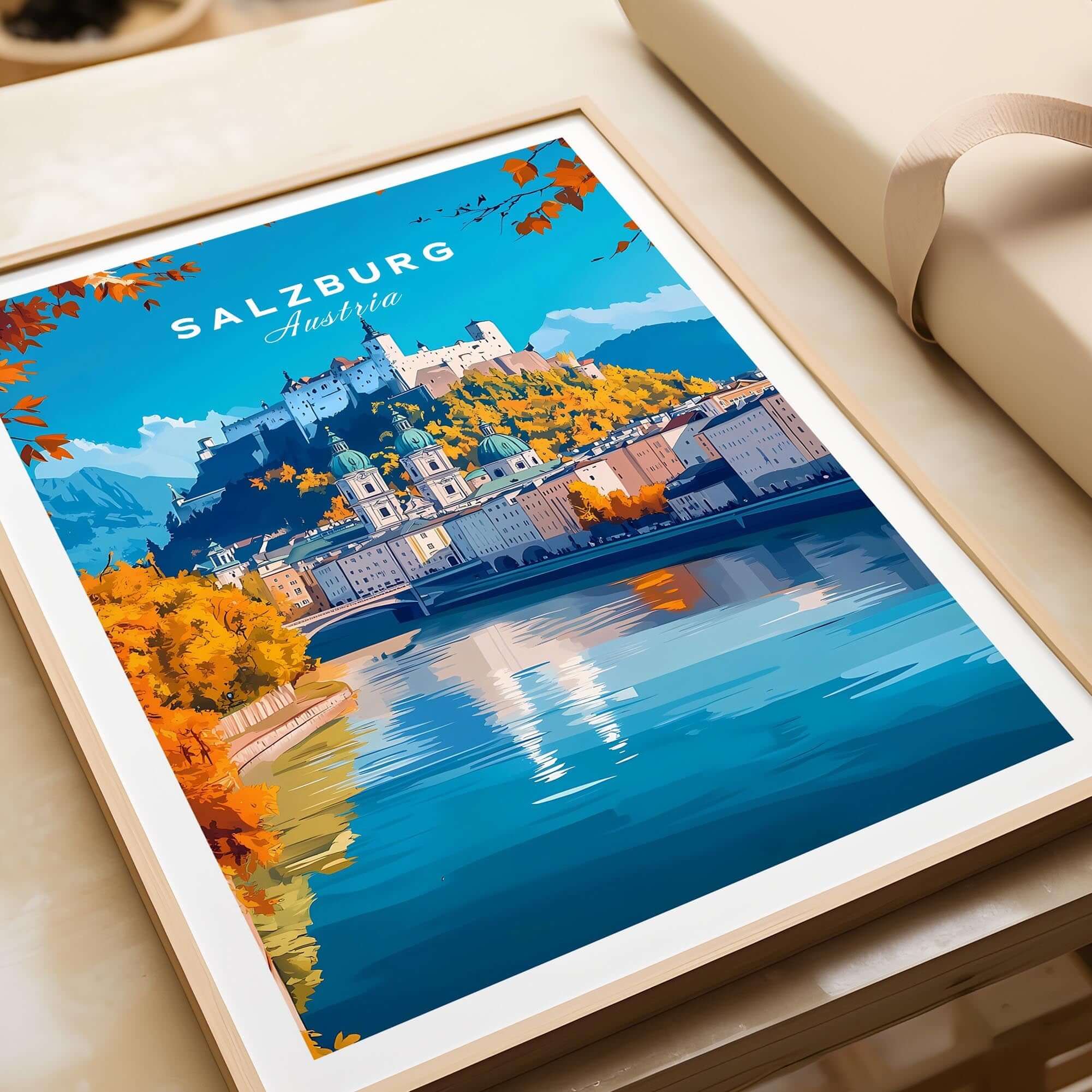 Salzburg Travel Print featuring a vibrant view of Salzburg, Austria, showcasing its historic charm by the river.
