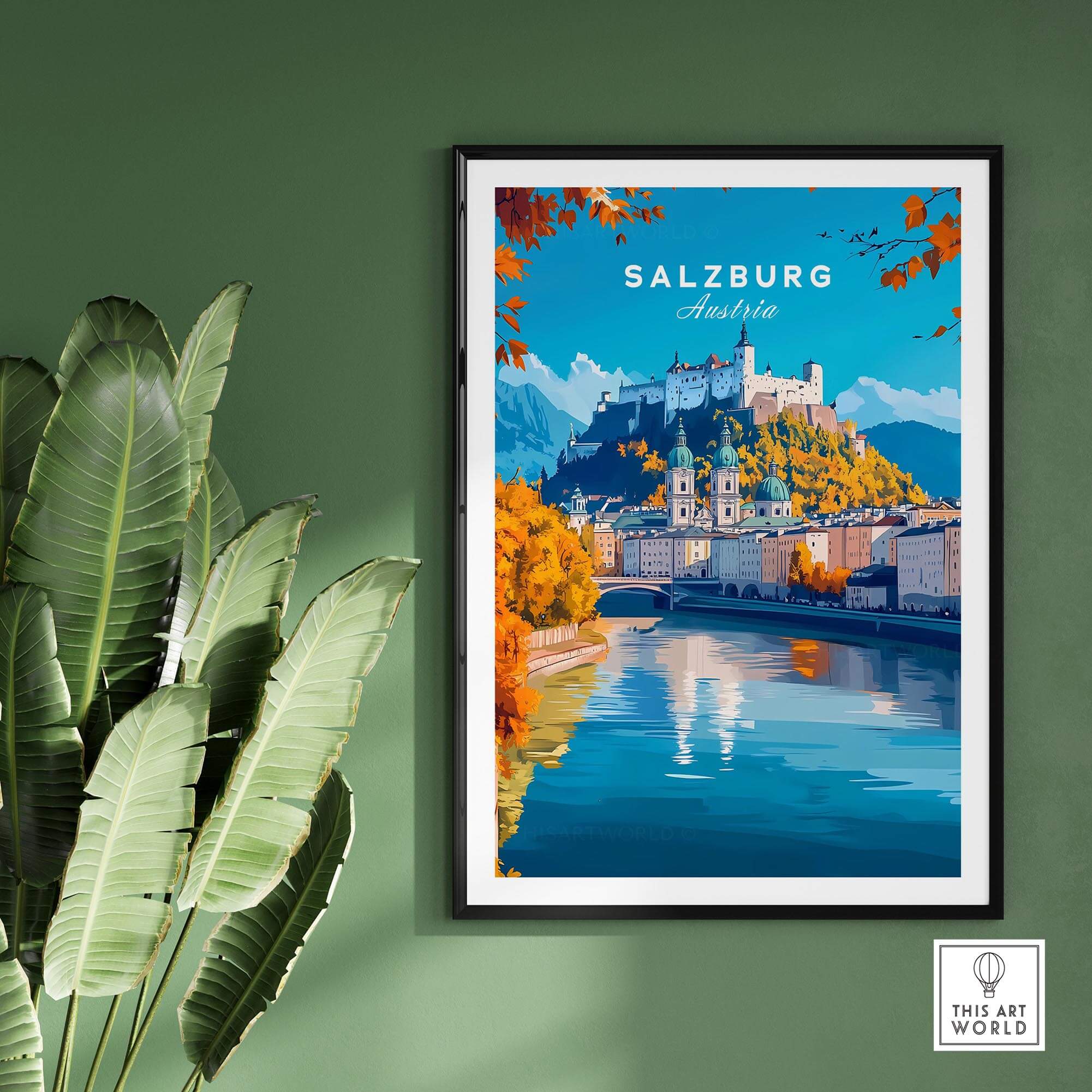Salzburg Travel Print showcasing a scenic view of Salzburg, Austria, with vibrant colors and a historic castle.