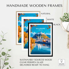 Salzburg Travel Print in handmade wooden frames in natural, white, and black finishes.