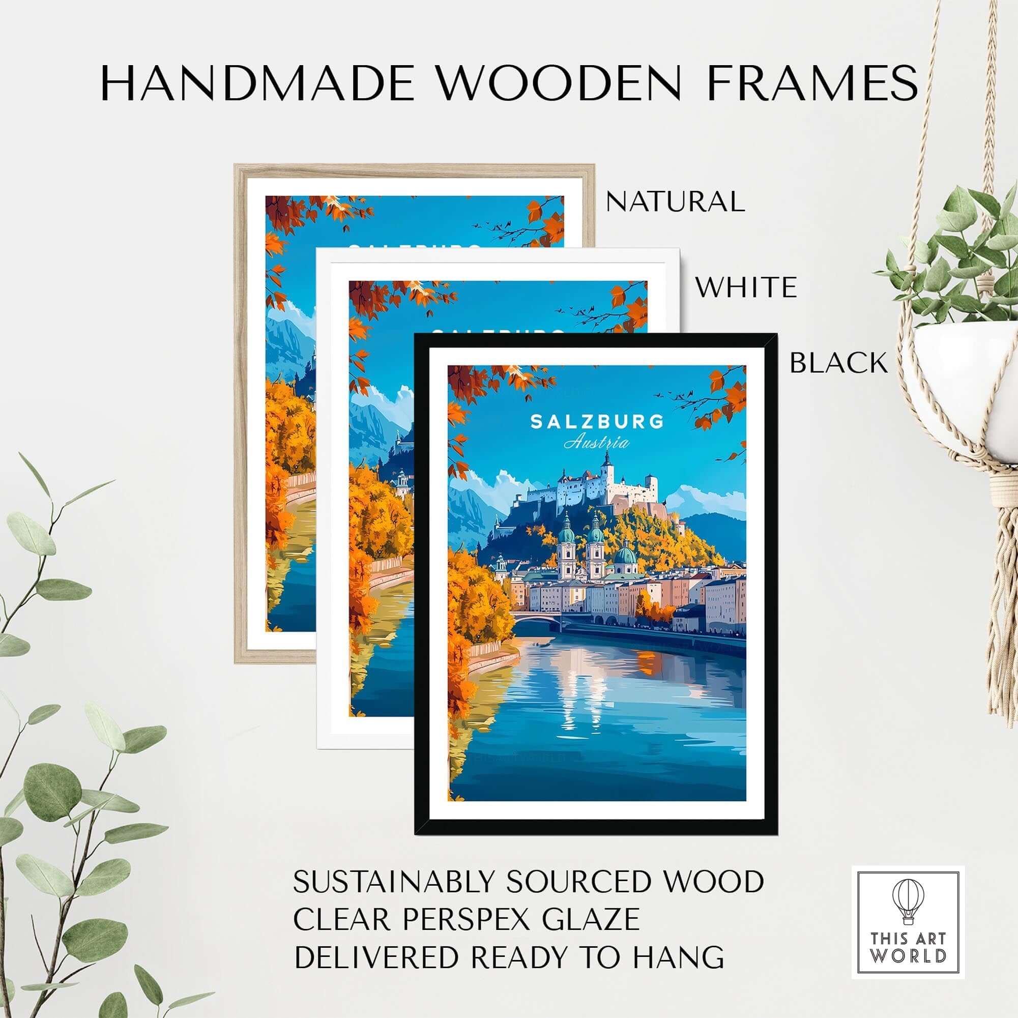 Salzburg Travel Print in handmade wooden frames in natural, white, and black finishes.