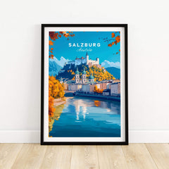 Salzburg Travel Print featuring a picturesque view of Salzburg, Austria, highlighting its historic charm and stunning landscapes.