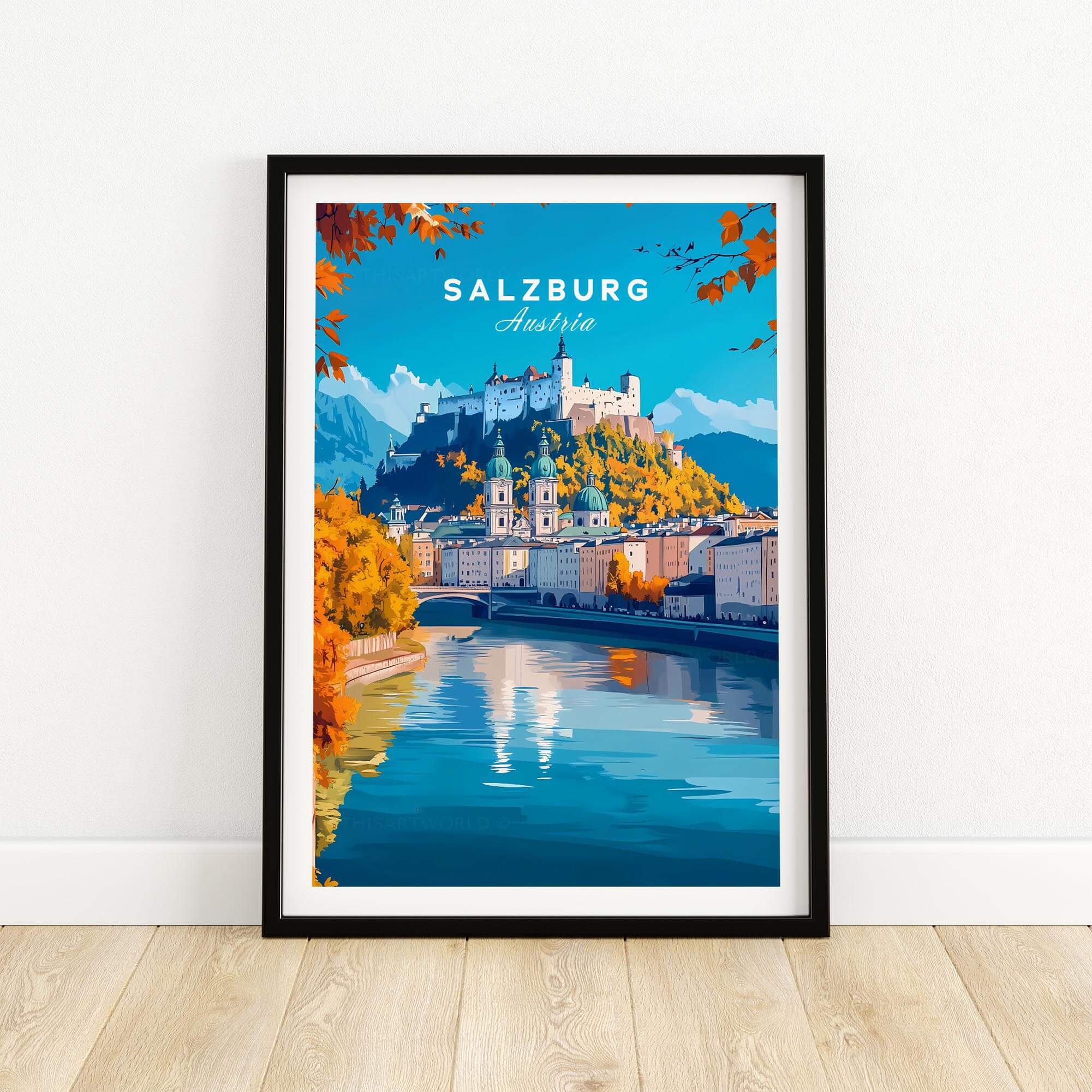Salzburg Travel Print featuring a picturesque view of Salzburg, Austria, highlighting its historic charm and stunning landscapes.