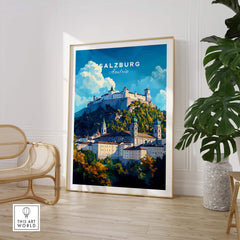 Salzburg Wall Art featuring a vibrant illustration of the Salzburg fortress in Austria.