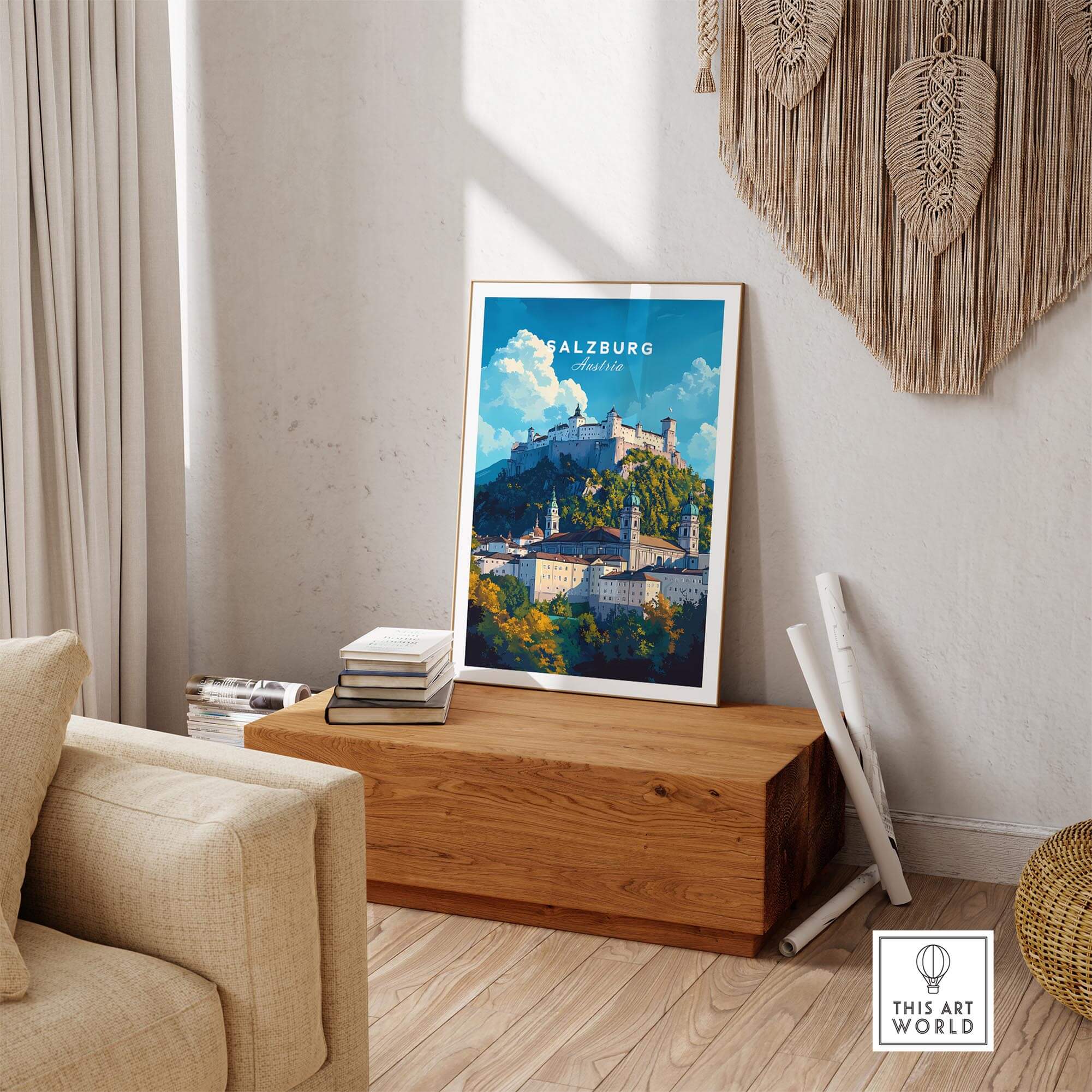 Salzburg Wall Art showcasing a vibrant poster of Salzburg's castle in a stylish home interior.