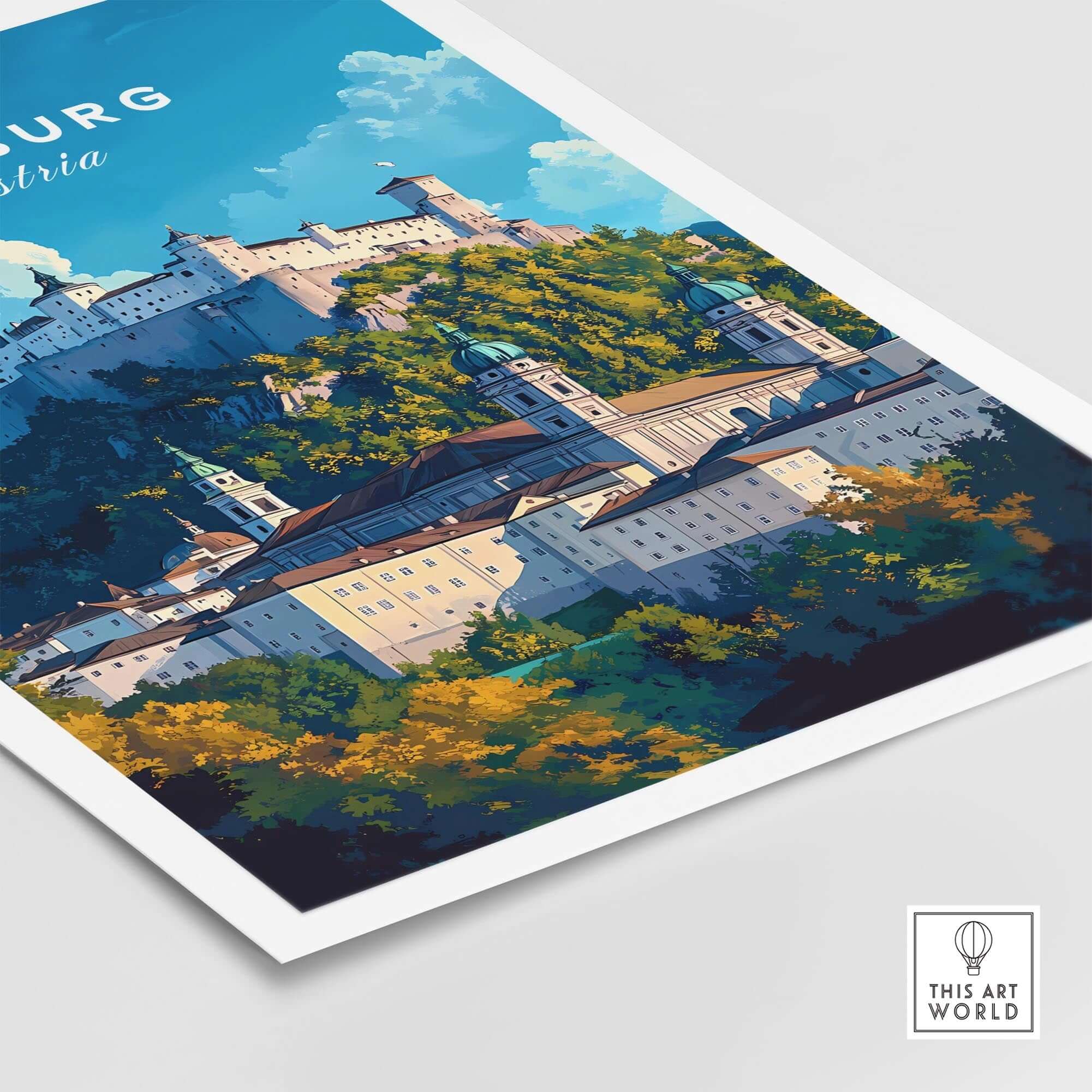 Salzburg Wall Art featuring the historic skyline of Salzburg, Austria against a vibrant blue sky.