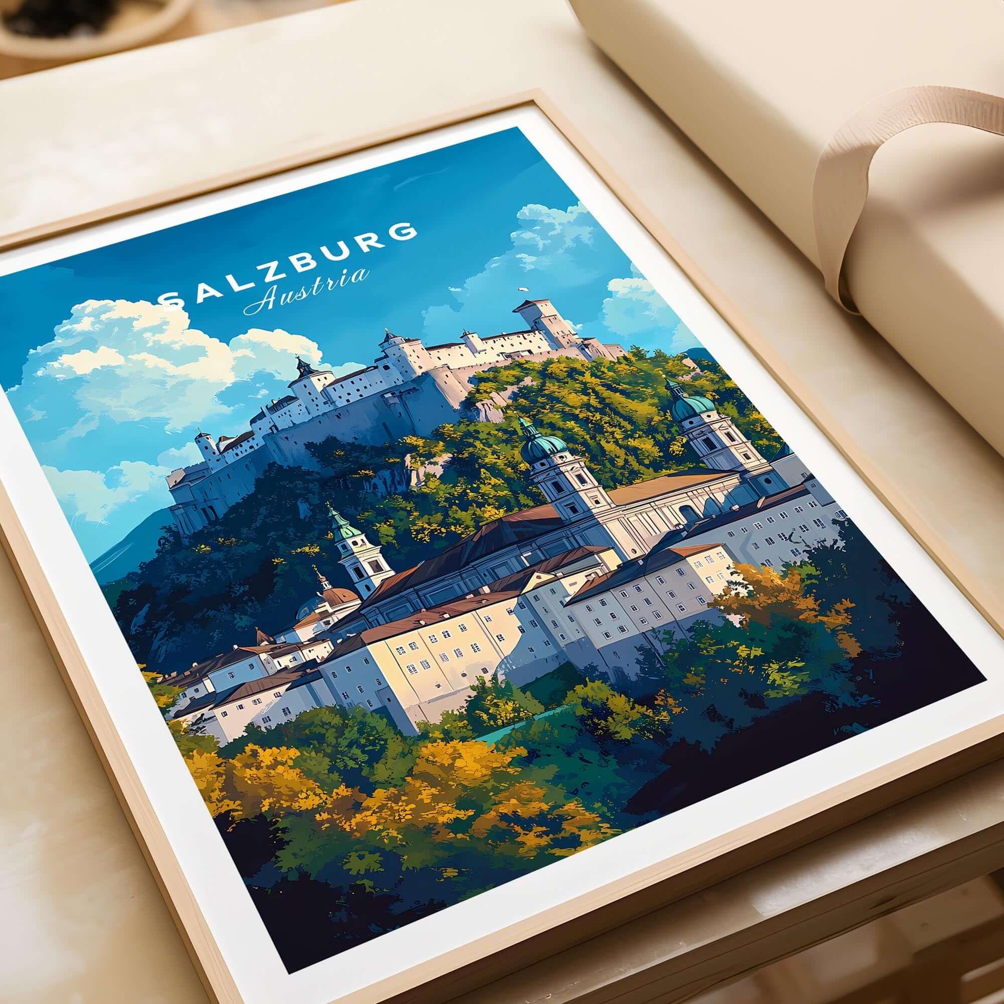 Salzburg Wall Art showcasing a vibrant illustration of Salzburg, Austria with detailed landmarks and a scenic view.
